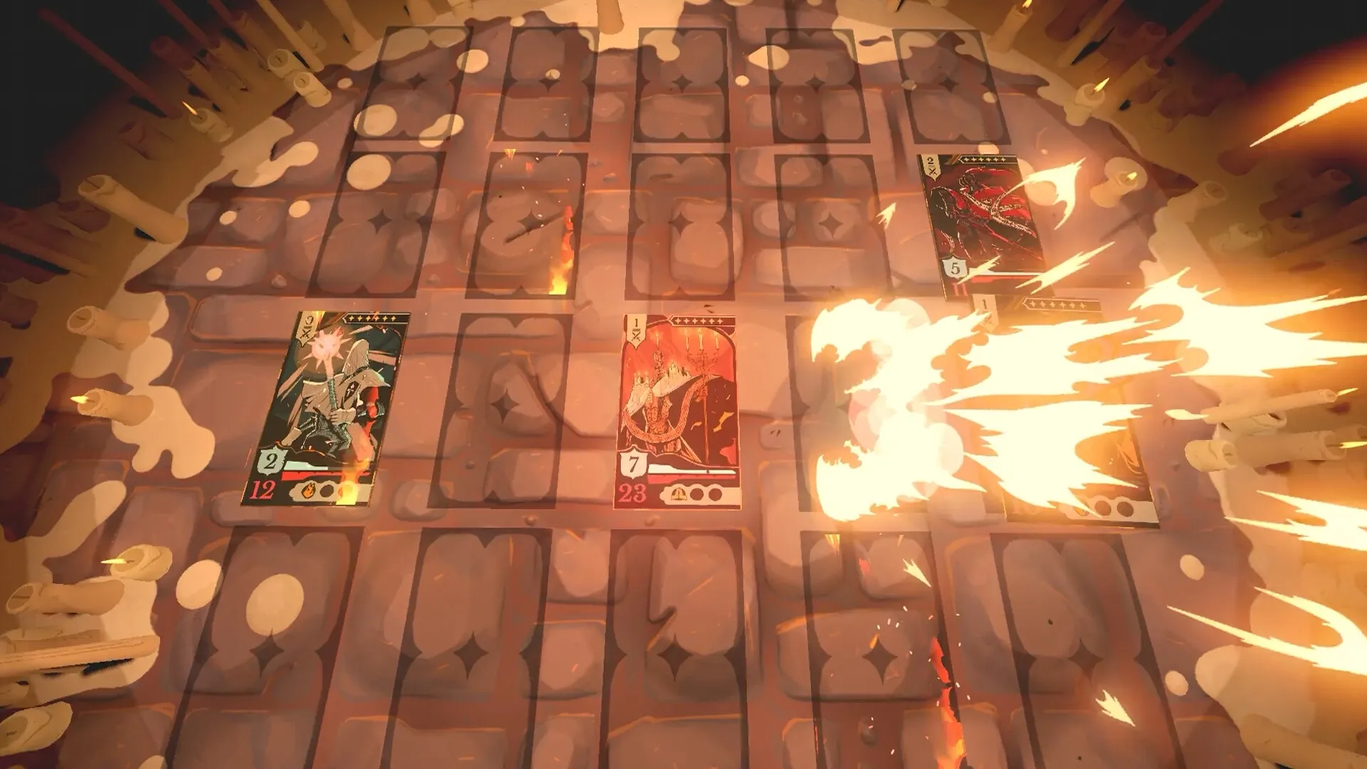 Crown Gambit: Intense card battle with fiery explosion on a stone-tiled board surrounded by candles.