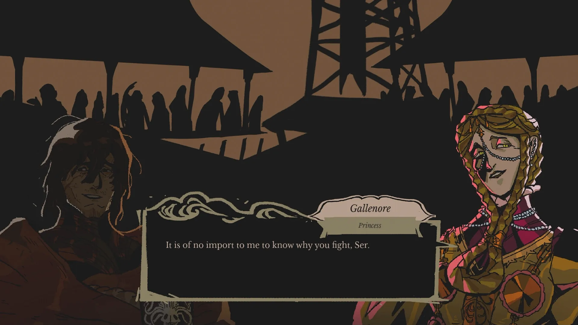 Crown Gambit: Dialogue with Princess Gallenore in shadowy medieval court setting
