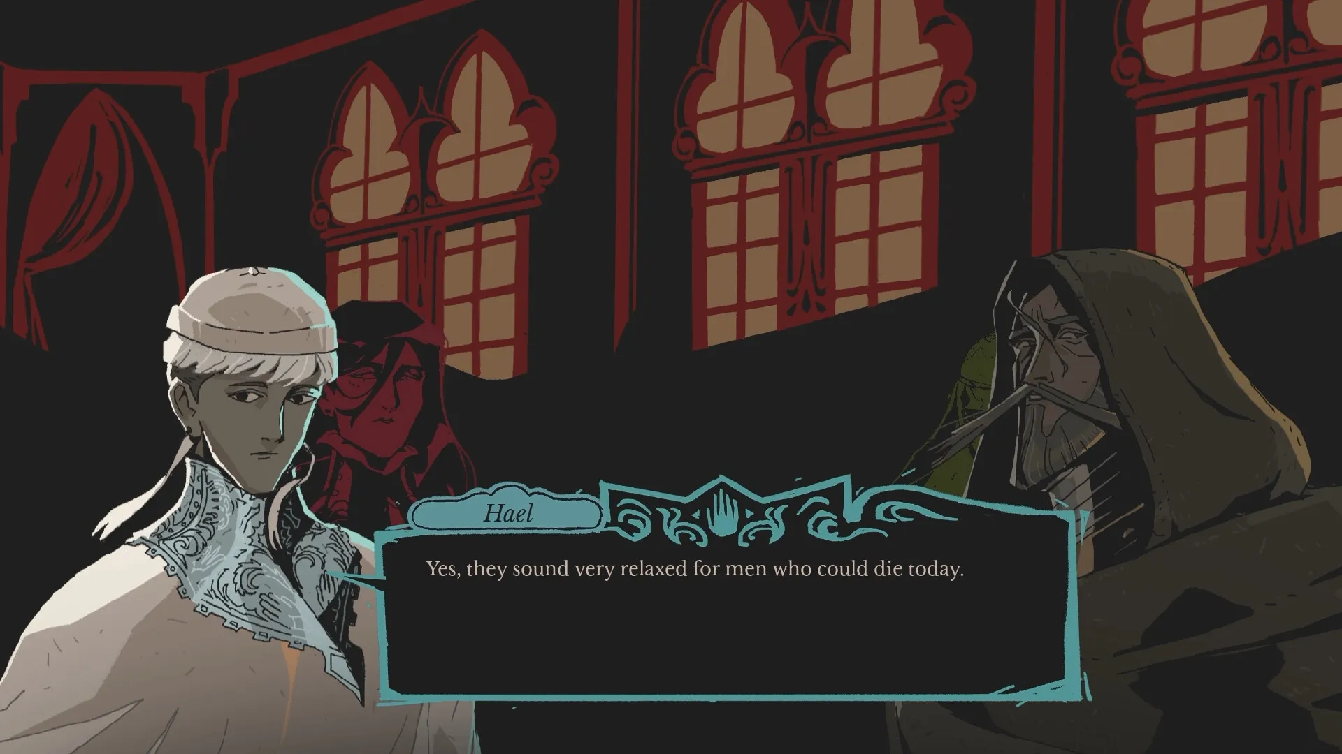 Crown Gambit: Hael converses with hooded figures in a dimly lit medieval chamber with arched windows.