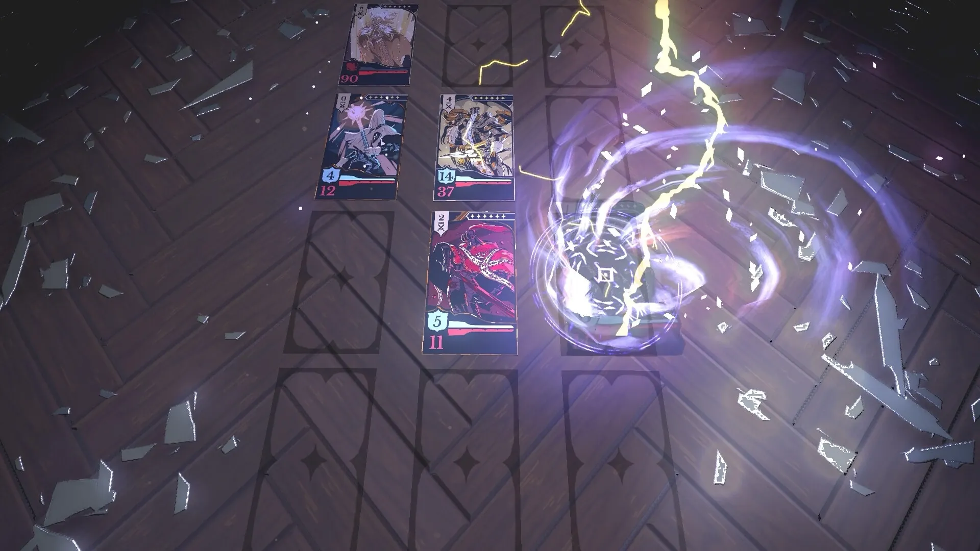 Crown Gambit: Dynamic card battle with four character cards and magical effects on wooden board floor