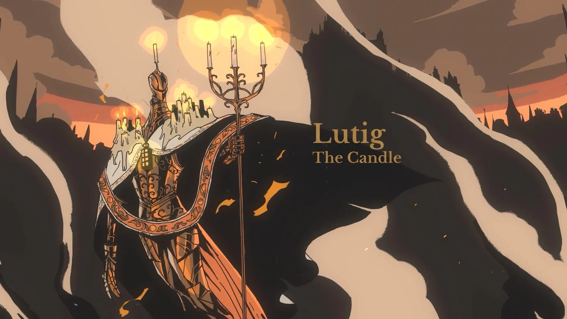 Crown Gambit: Lutig the Candle character introduction with ornate armor and glowing candelabra in hand.