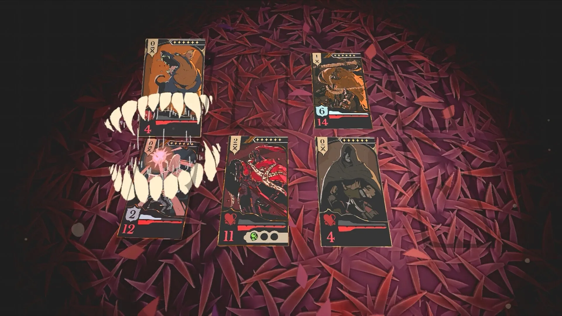 Crown Gambit: Tactical card battle with five character cards on a leaf-covered battlefield