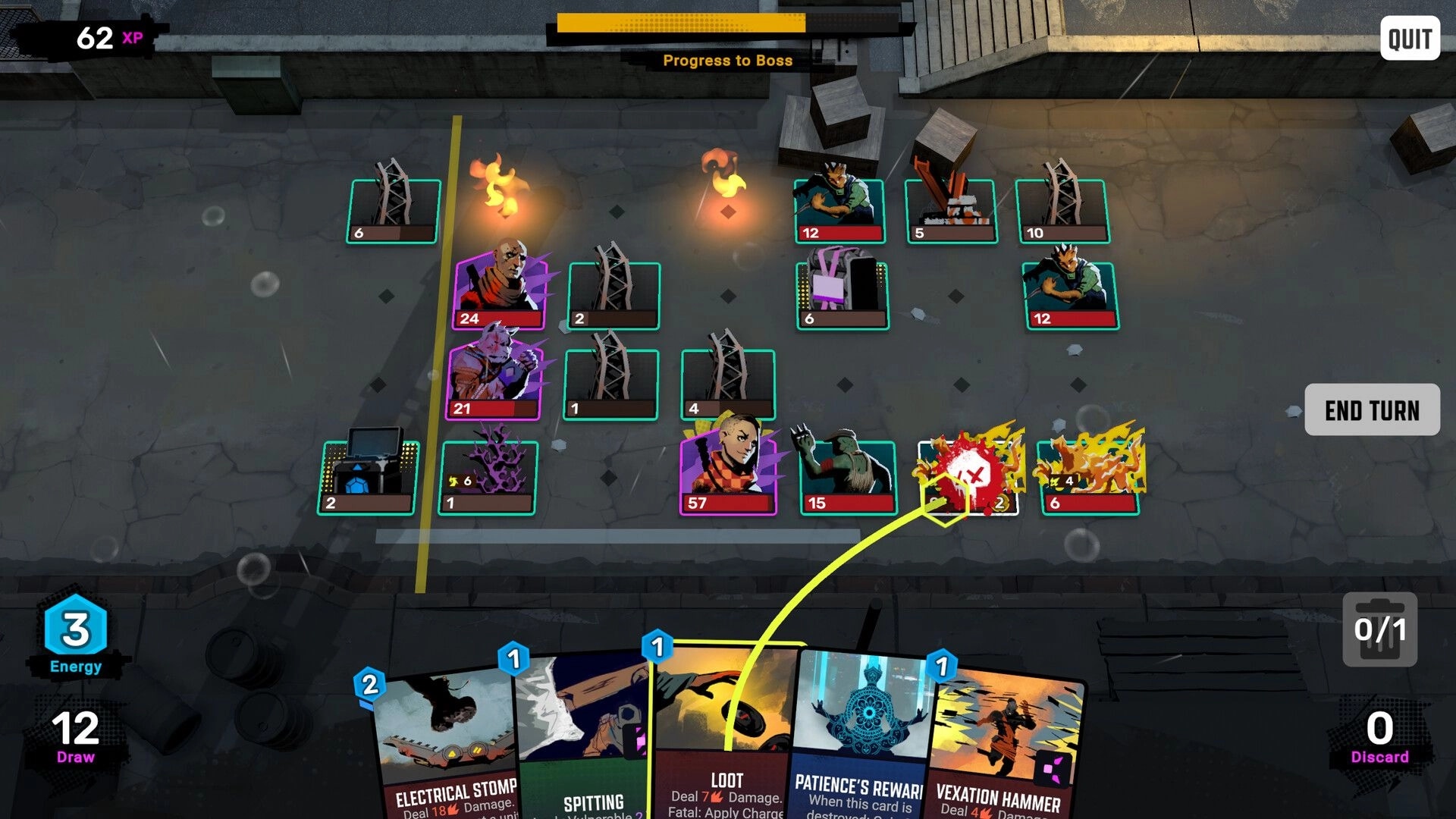 Crownbreakers: Turn-based card combat with hand, energy, and End Turn button on rainy street map.