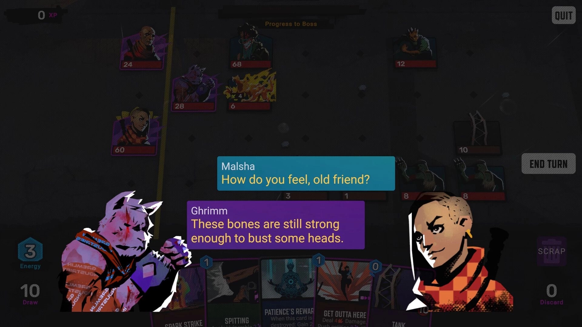 Crownbreakers: Malsha and Ghrimm dialogue over card hand and End Turn button in battle UI.