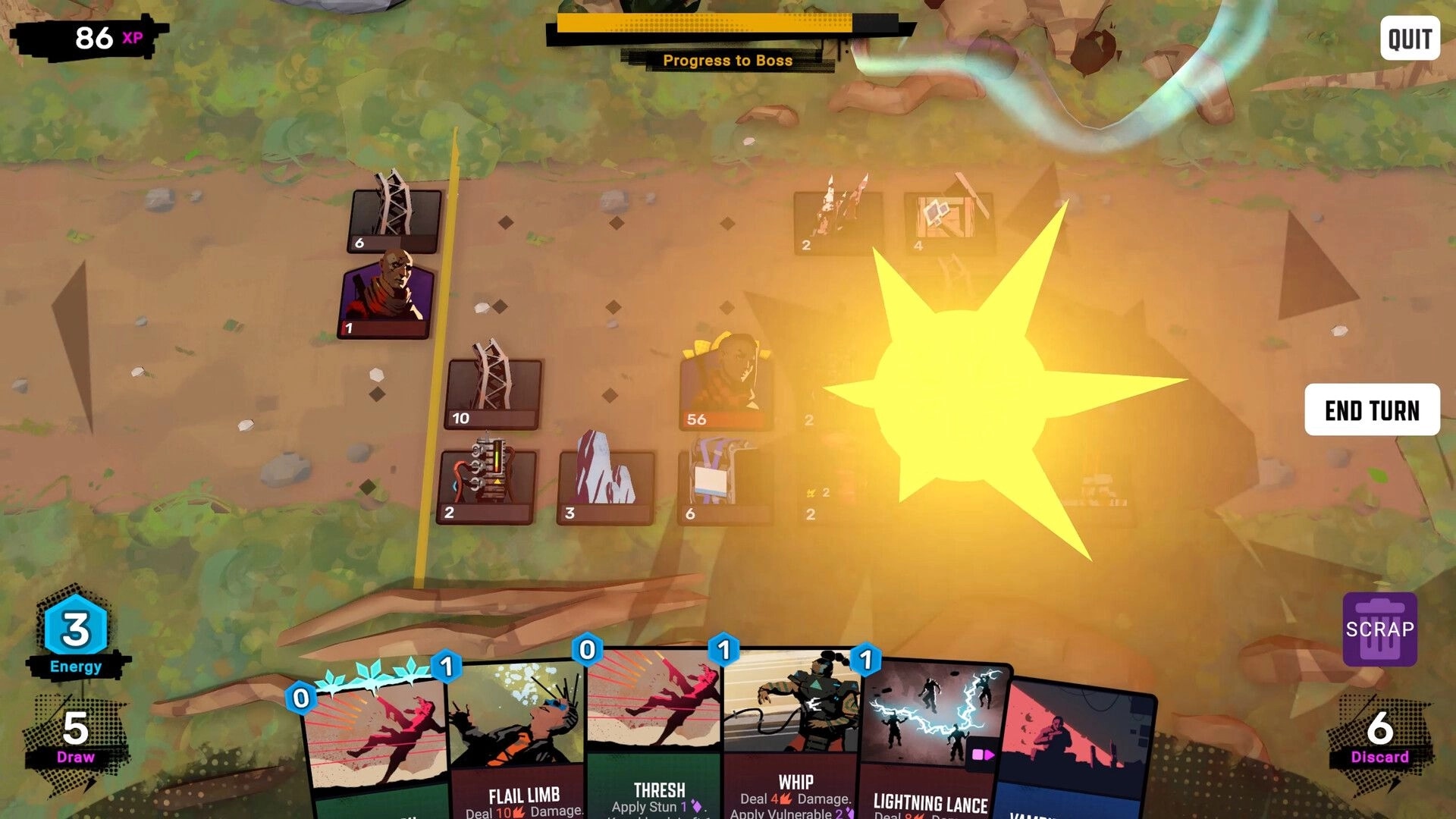 Crownbreakers: Turn-based combat grid with cards in hand and End Turn button on dusty road map.