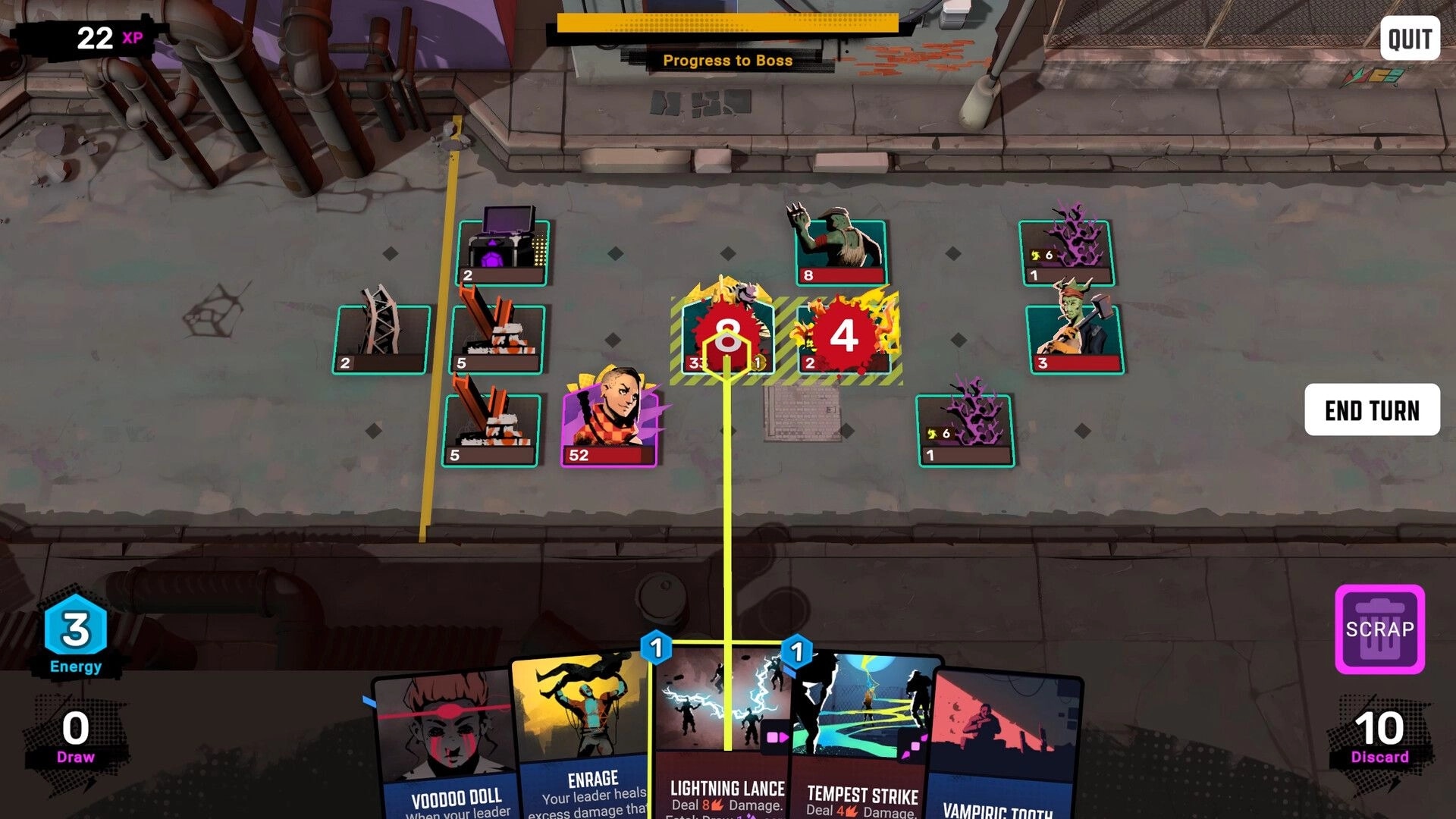 Crownbreakers: Turn-based card combat with leader and enemies on street grid, End Turn UI.
