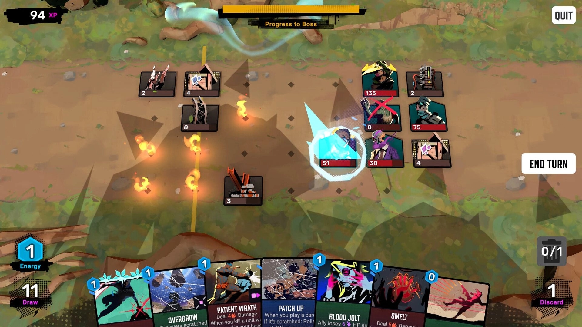 Crownbreakers: Turn-based card battle with hand and End Turn button on a dusty road map.