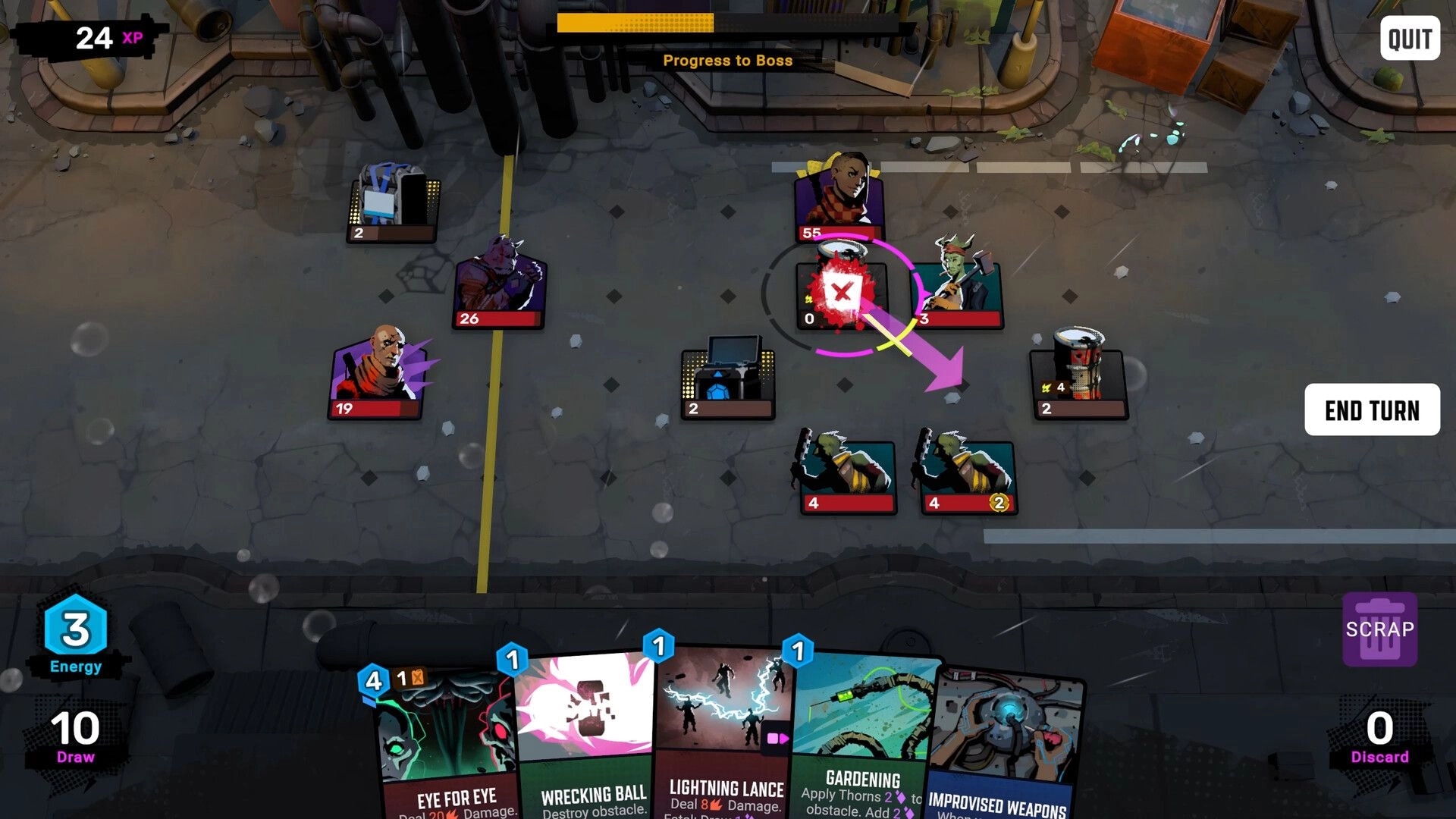 Crownbreakers: Turn-based card battle UI with enemy portraits and End Turn button on city street map.