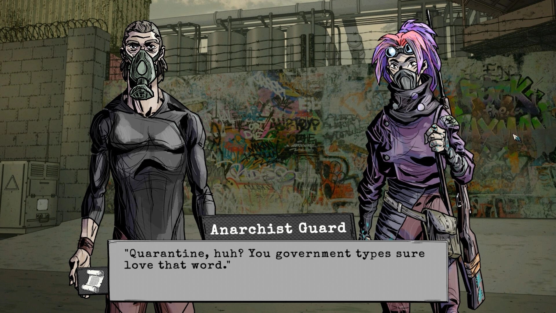 Crow's Requiem: Anarchist Guard confronts in graffiti-covered alley with quarantine dialogue.
