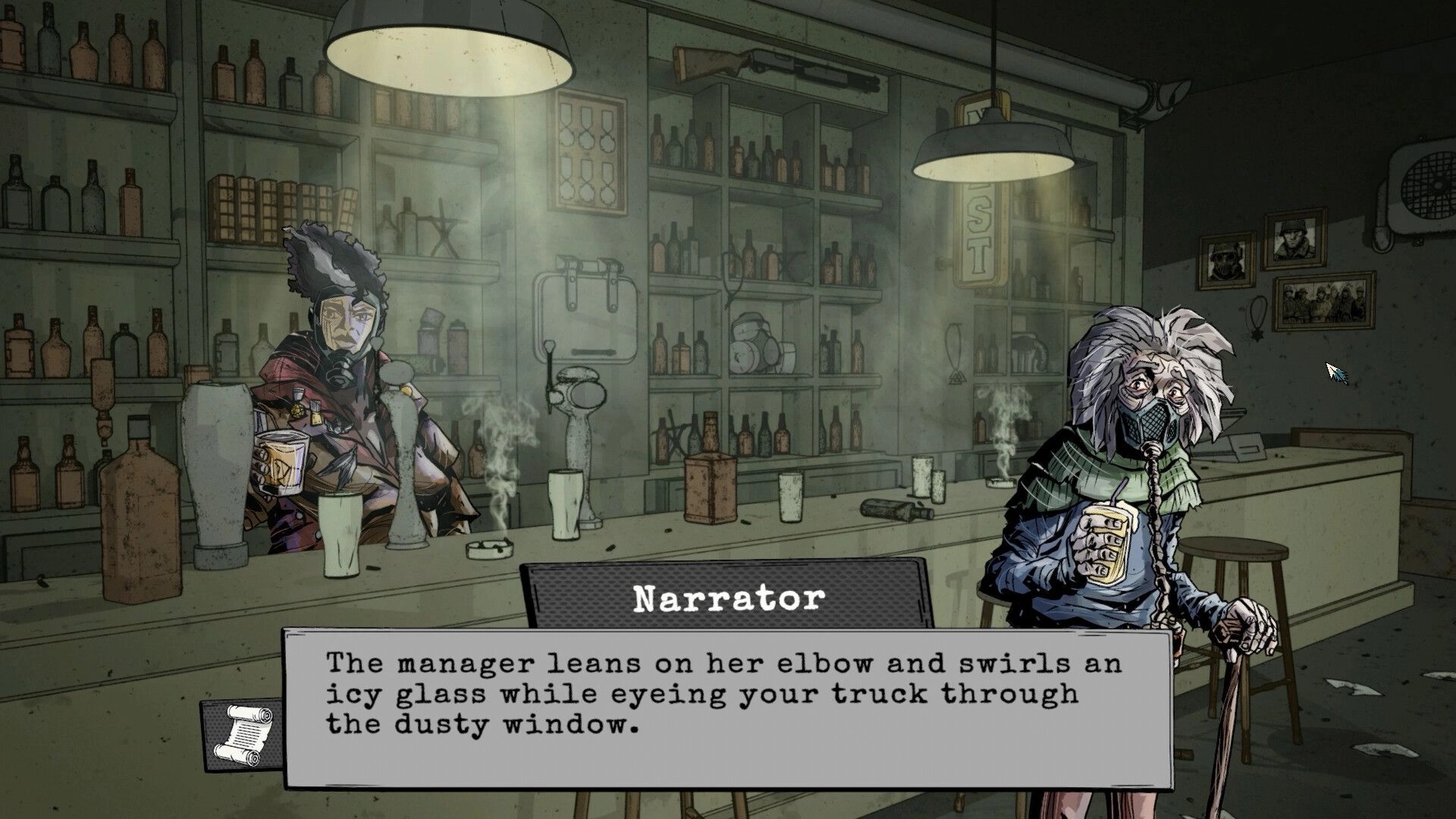Crow's Requiem: Two masked characters in a dimly lit bar with shelves of bottles, engaged in dialogue.