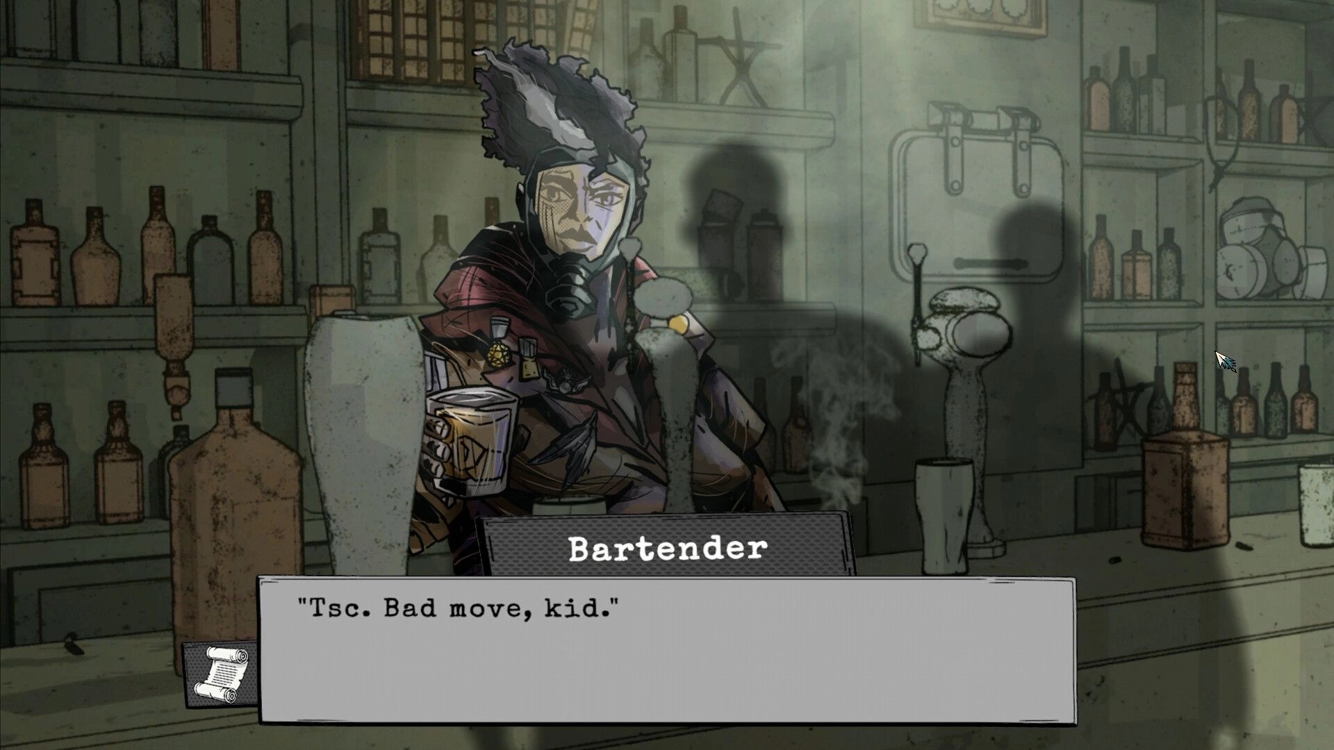 Crow's Requiem: Bartender speaks while tending bar, shelves filled with bottles in dimly lit room.