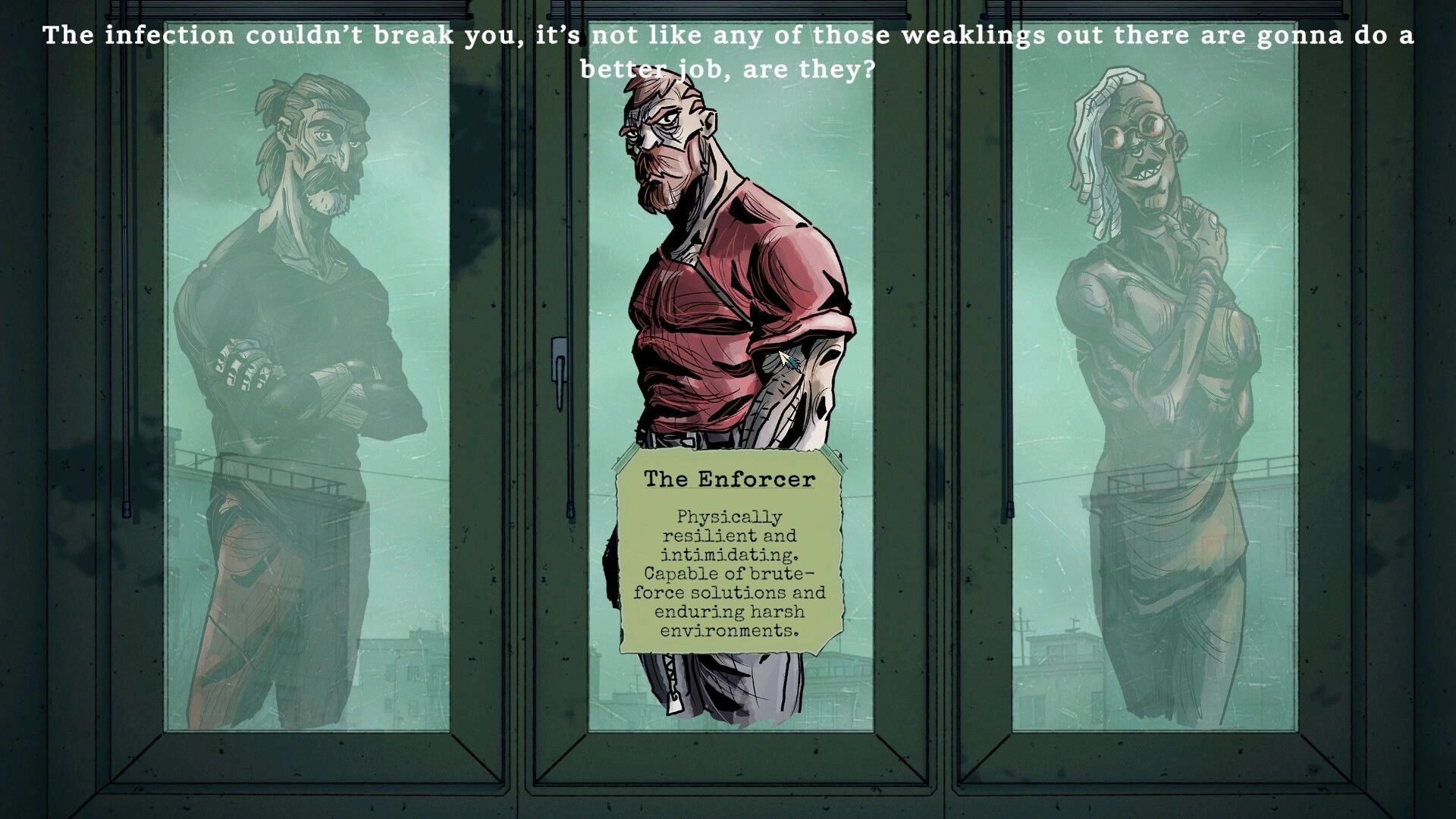 Crow's Requiem: Character selection screen featuring "The Enforcer" with description in city backdrop.