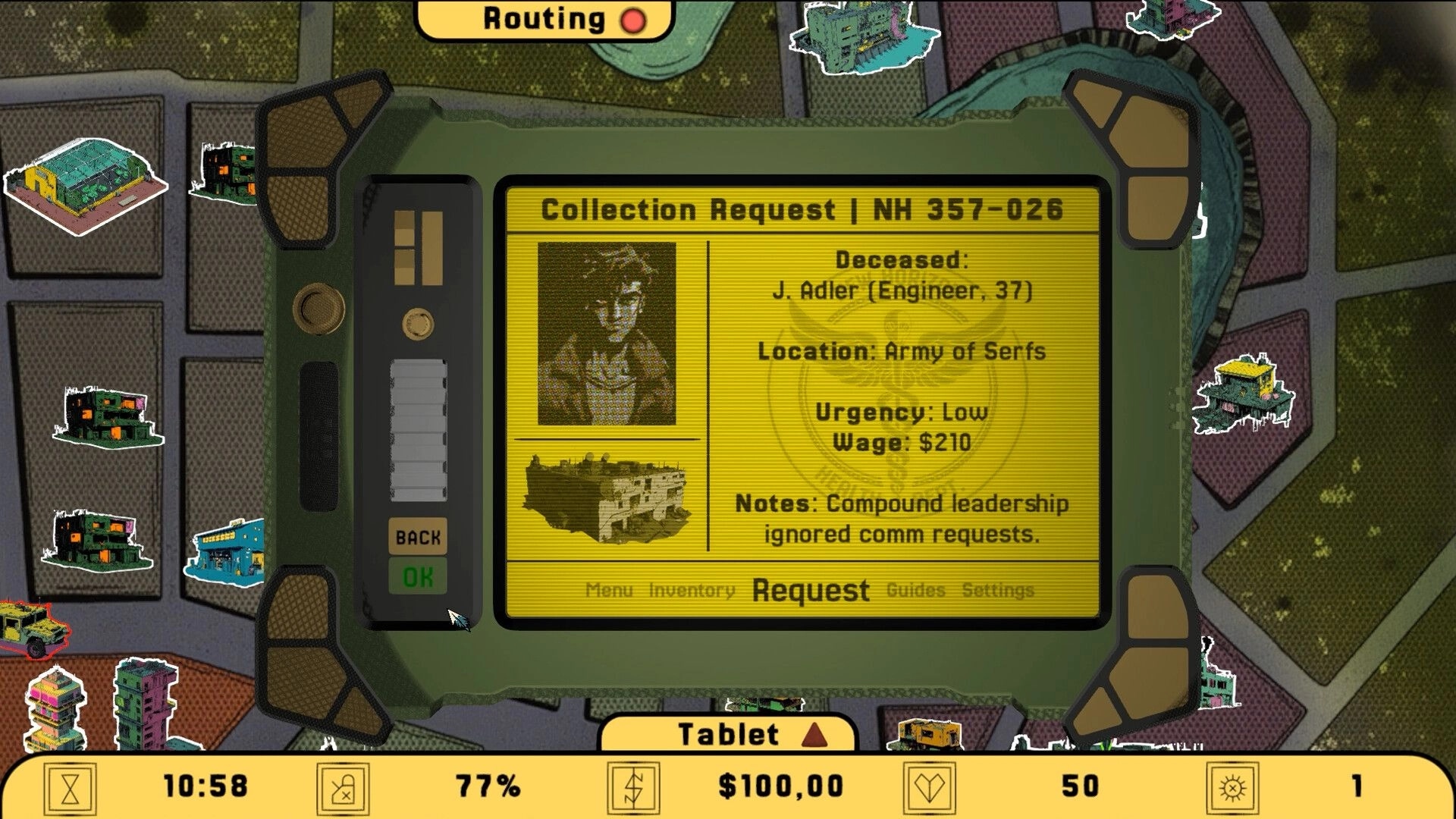 Crow's Requiem: Collection request screen detailing J. Adler's location and urgency in city map interface.