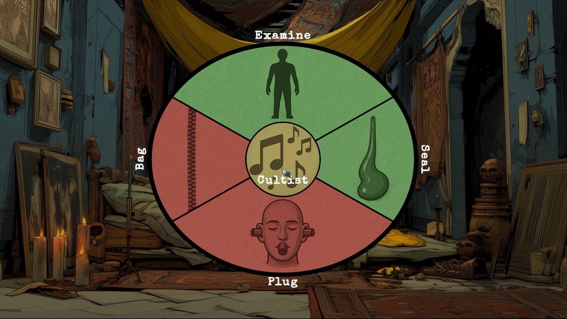 Crow's Requiem: Decision wheel with options in a dimly lit room filled with candles and paintings.