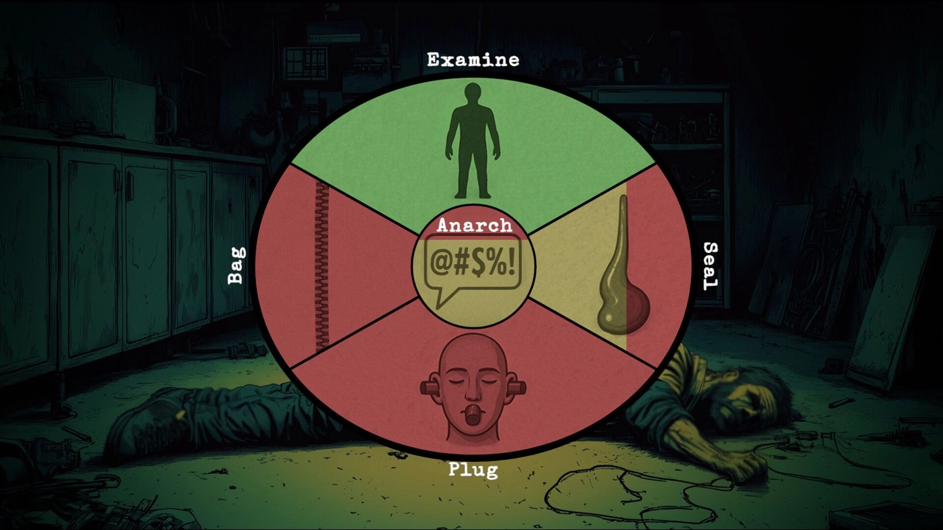 Crow's Requiem: Choice wheel over fallen bodies in a dimly lit room with cabinets and scattered tools