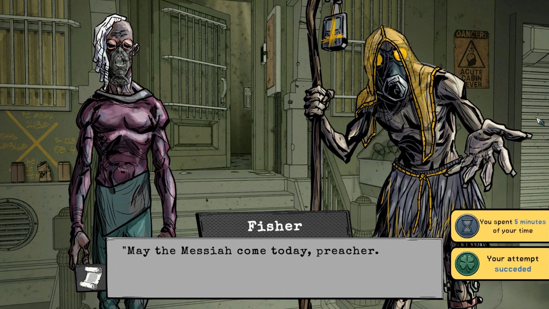 Crow's Requiem: Fisher and preacher converse in alley with dialogue choices and success notification