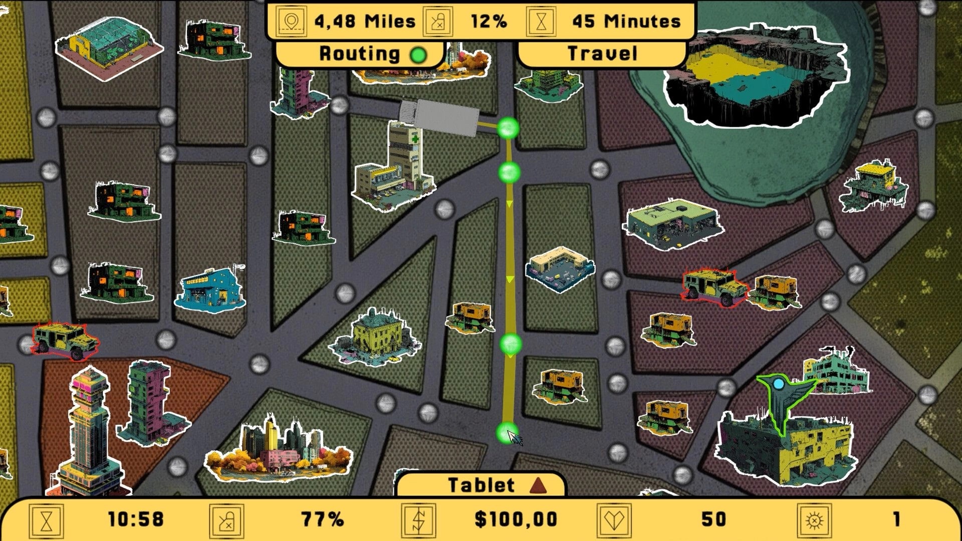 Crow's Requiem: City map view with location details at The Nest and route options in New Horizon.