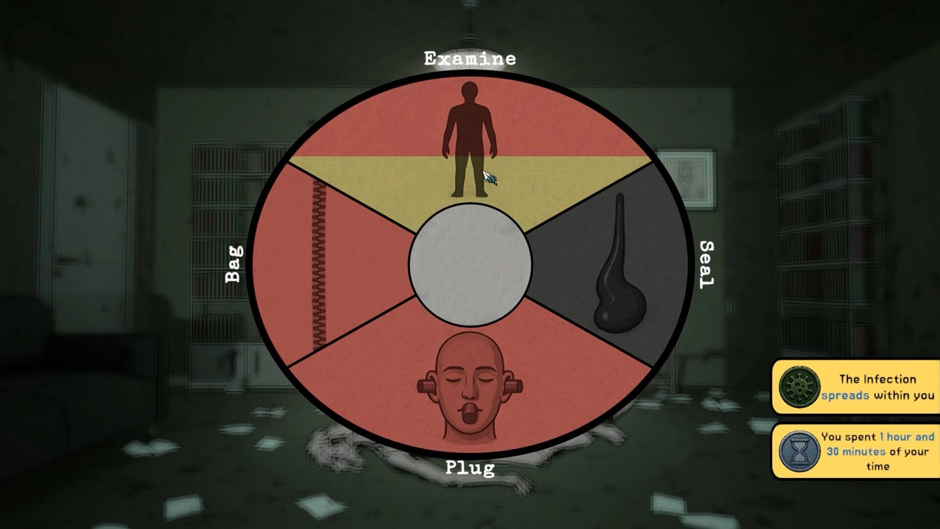 Crow's Requiem: Examine, Bag, Plug, Seal options on wheel interface in dimly lit room with debris.