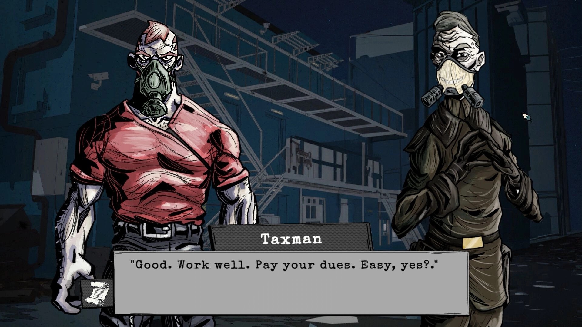 Crow's Requiem: Taxman dialogue with masked characters in an industrial cityscape at night
