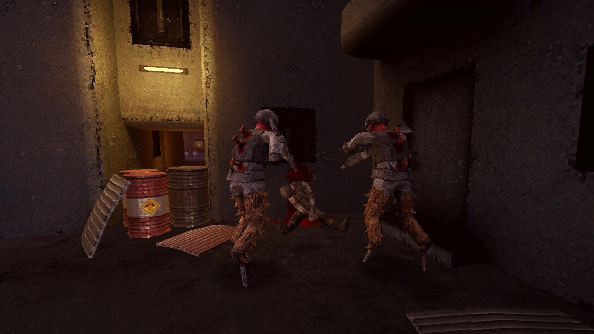 CRU: Two masked enemies corner a bleeding soldier in a dim alley with hazard barrels and debris.