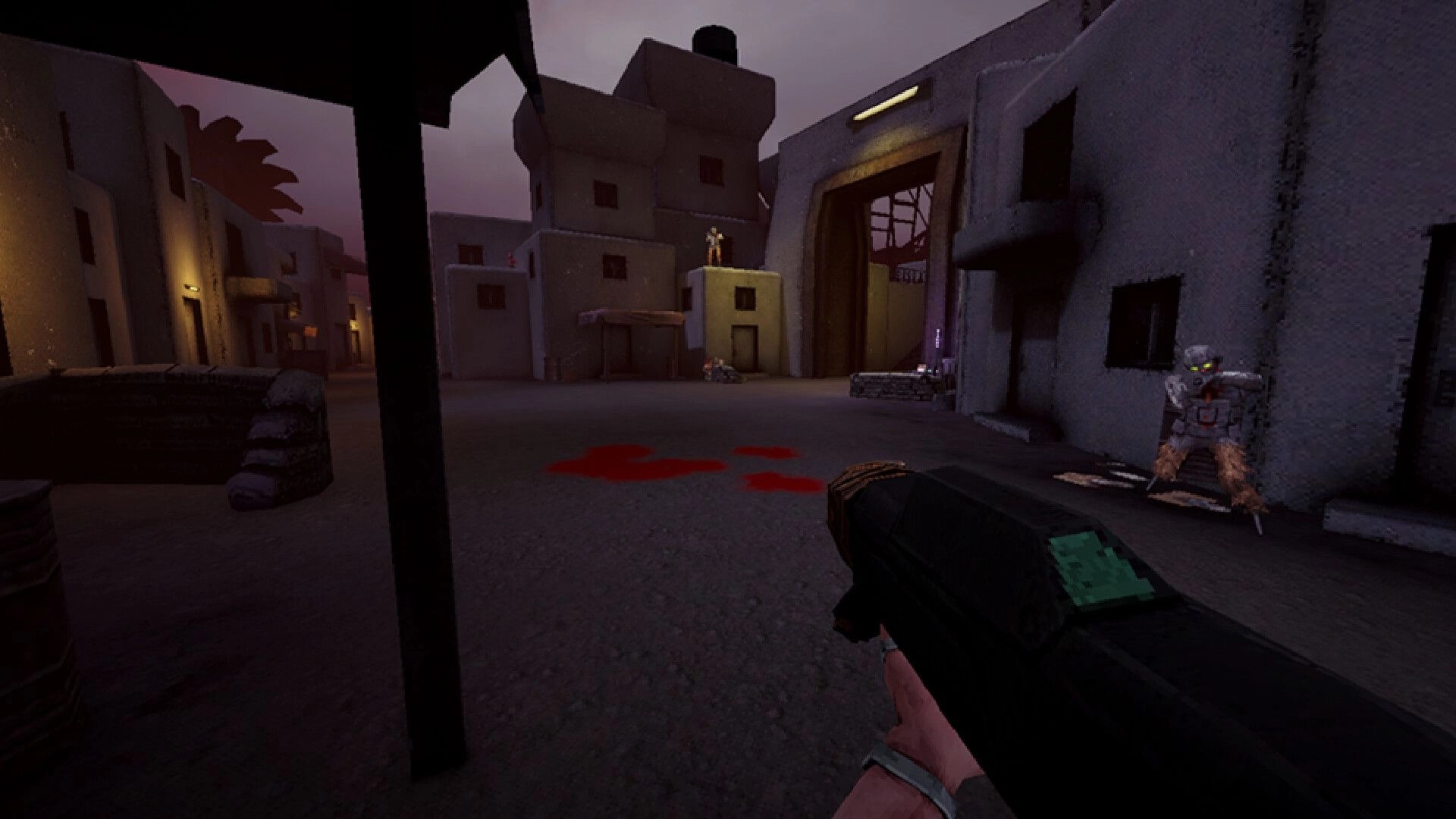 CRU: First-person shotgun aimed at a glowing-eyed enemy in a dim concrete city courtyard at dusk.