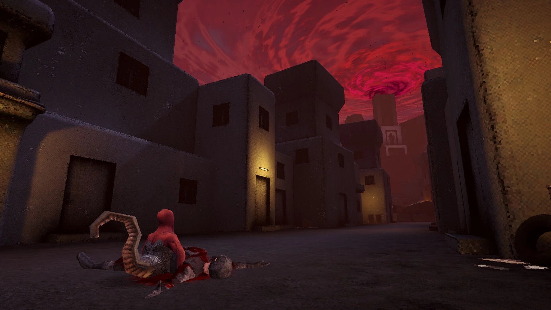 CRU: Red humanoid creature crouches over a corpse in a dark alley under a swirling red sky.
