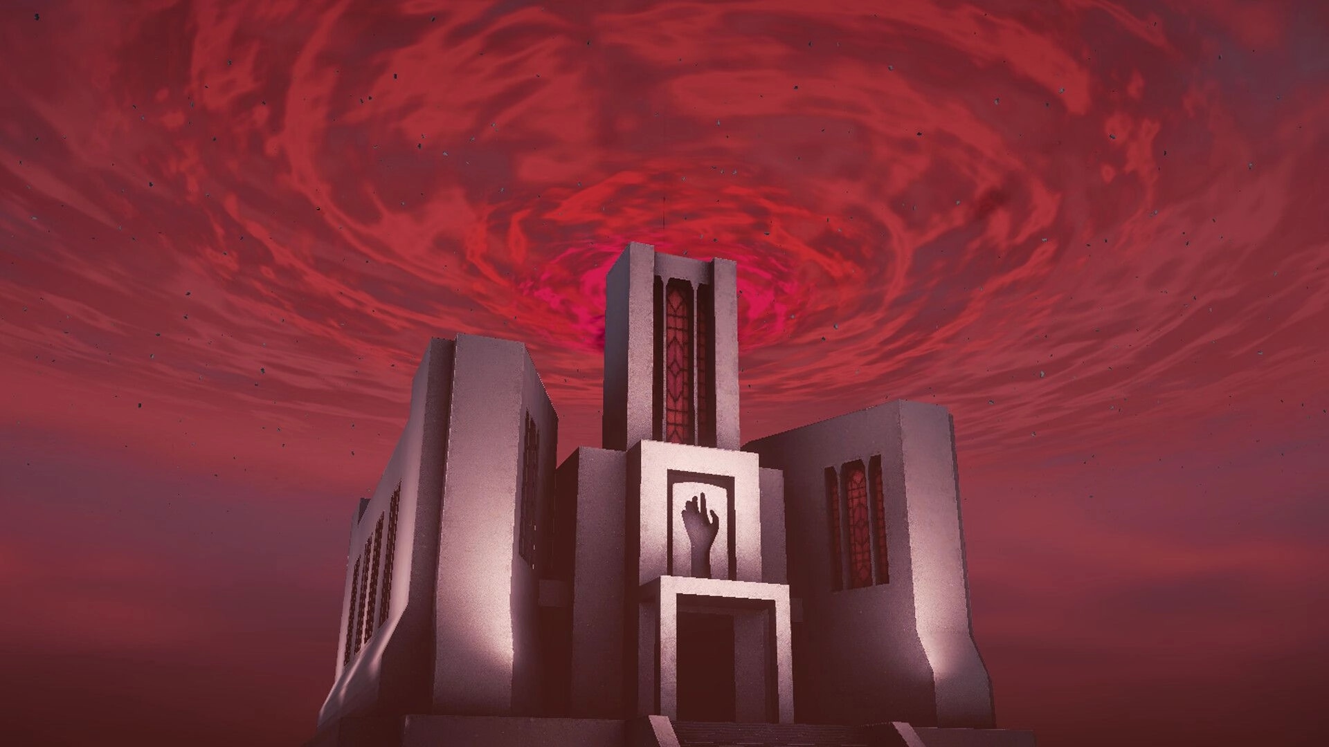 CRU: View of a stark concrete tower with red windows under a swirling crimson sky vortex overhead.
