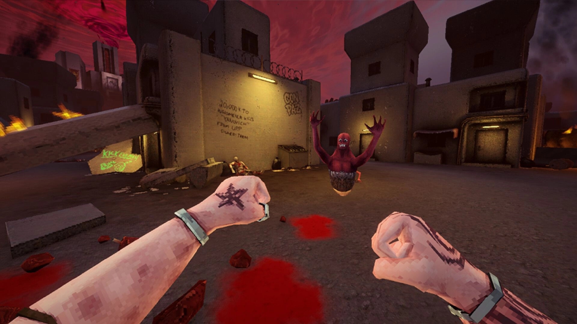 CRU: First-person fists raised facing a floating red monster in a graffiti-lit concrete courtyard.