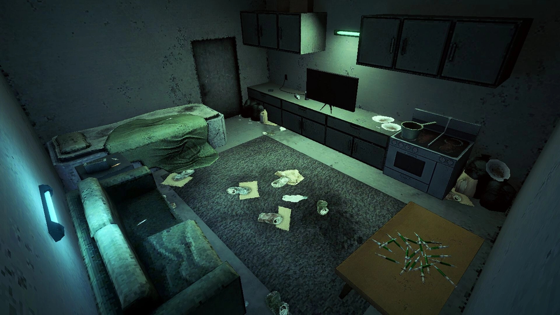 CRU: Cluttered safehouse room with bed, couch, kitchen cabinets, TV, and syringes on table.