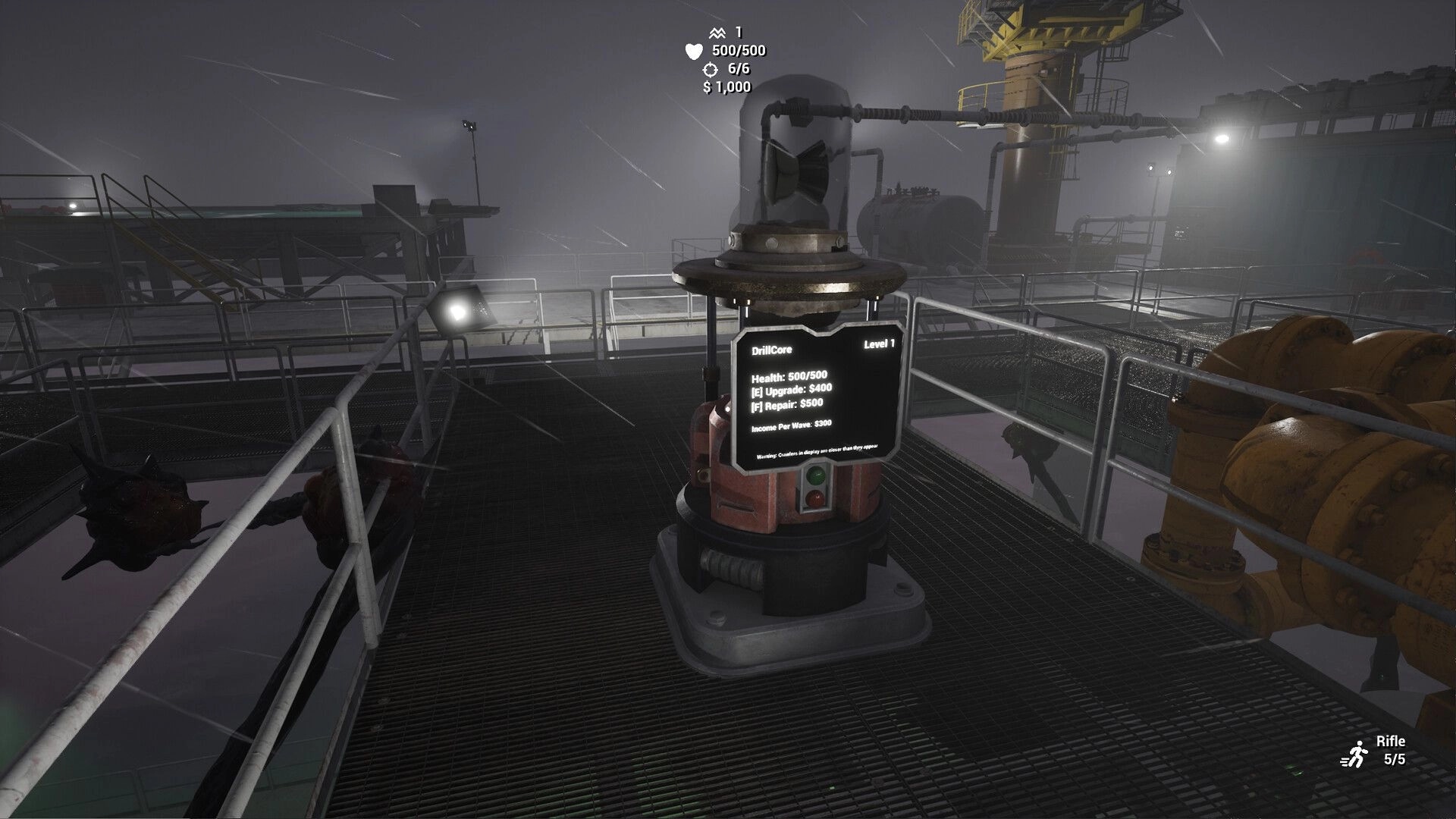 Crude Survivor TD: DrillCore upgrade menu on foggy oil rig platform with visible player stats.