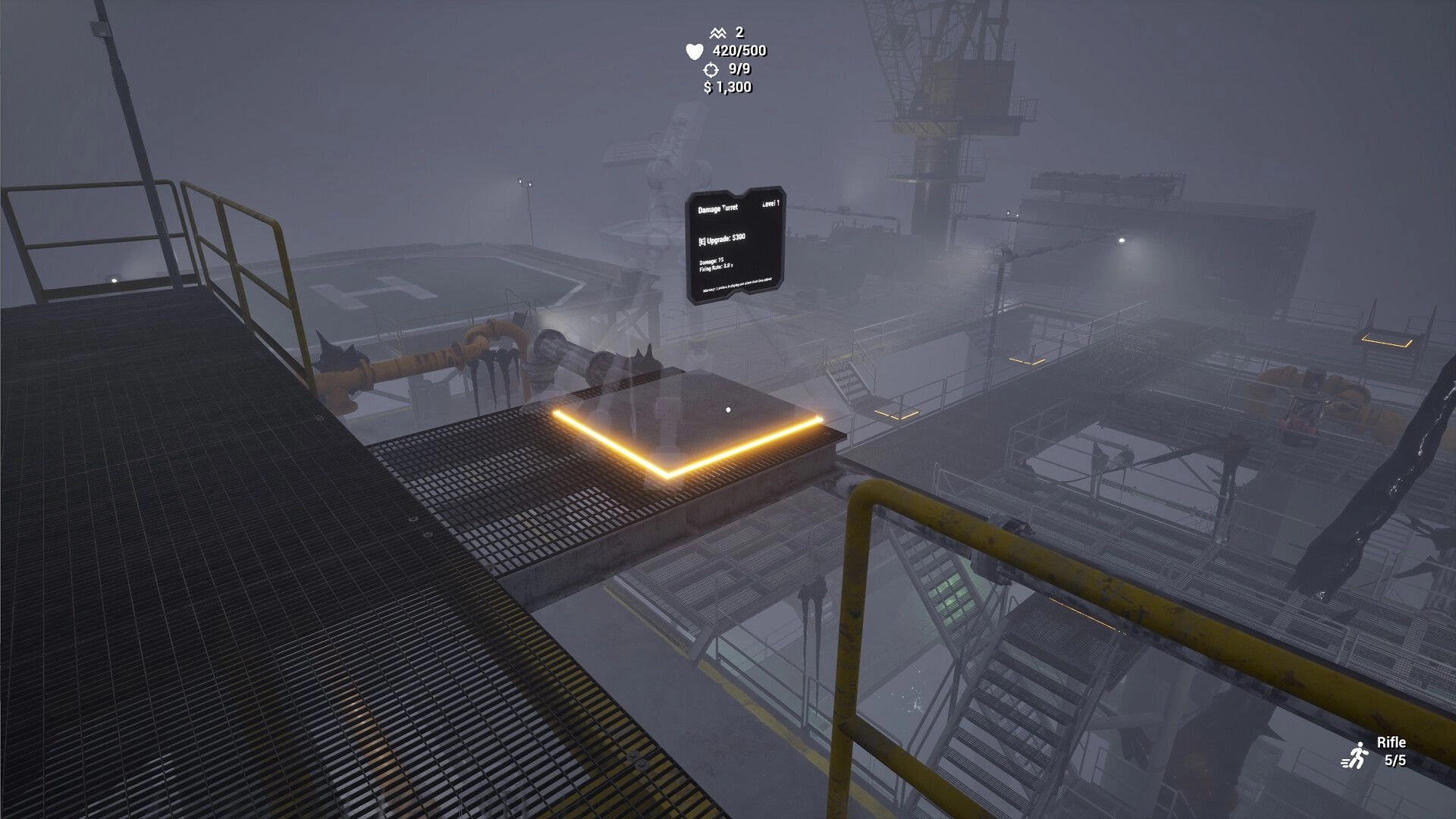 Crude Survivor TD: Upgrade menu open on foggy platform with stats HUD and rifle ammo displayed