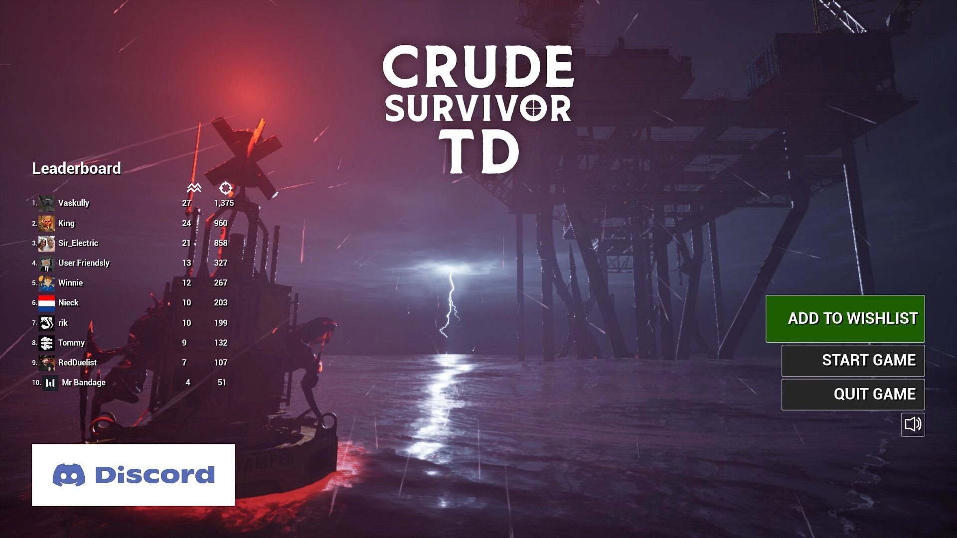 Crude Survivor TD: Leaderboard and menu overlaying stormy ocean scene with offshore platform.