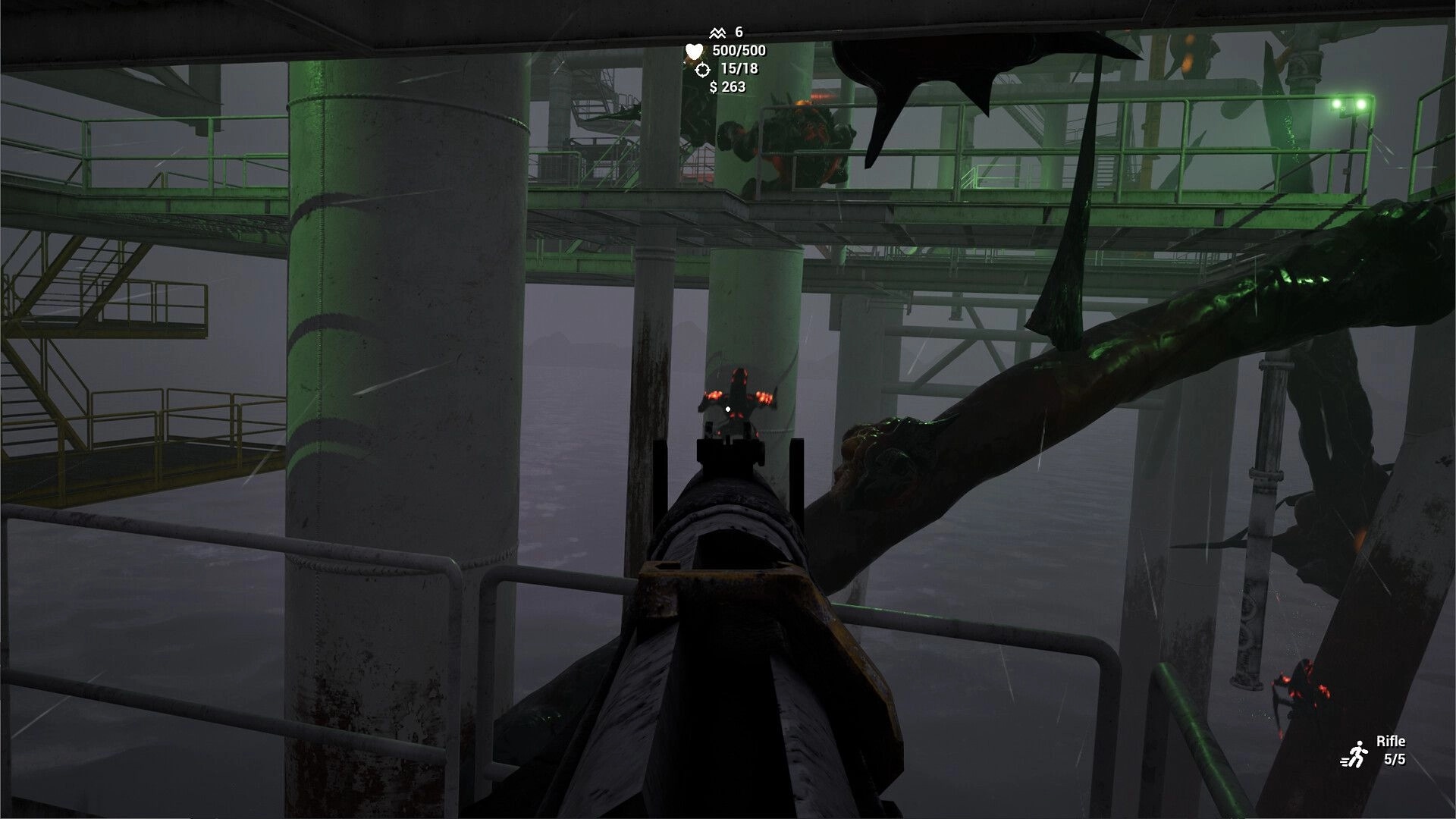 Crude Survivor TD: Aiming rifle at incoming enemies on an industrial platform with health and ammo stats.