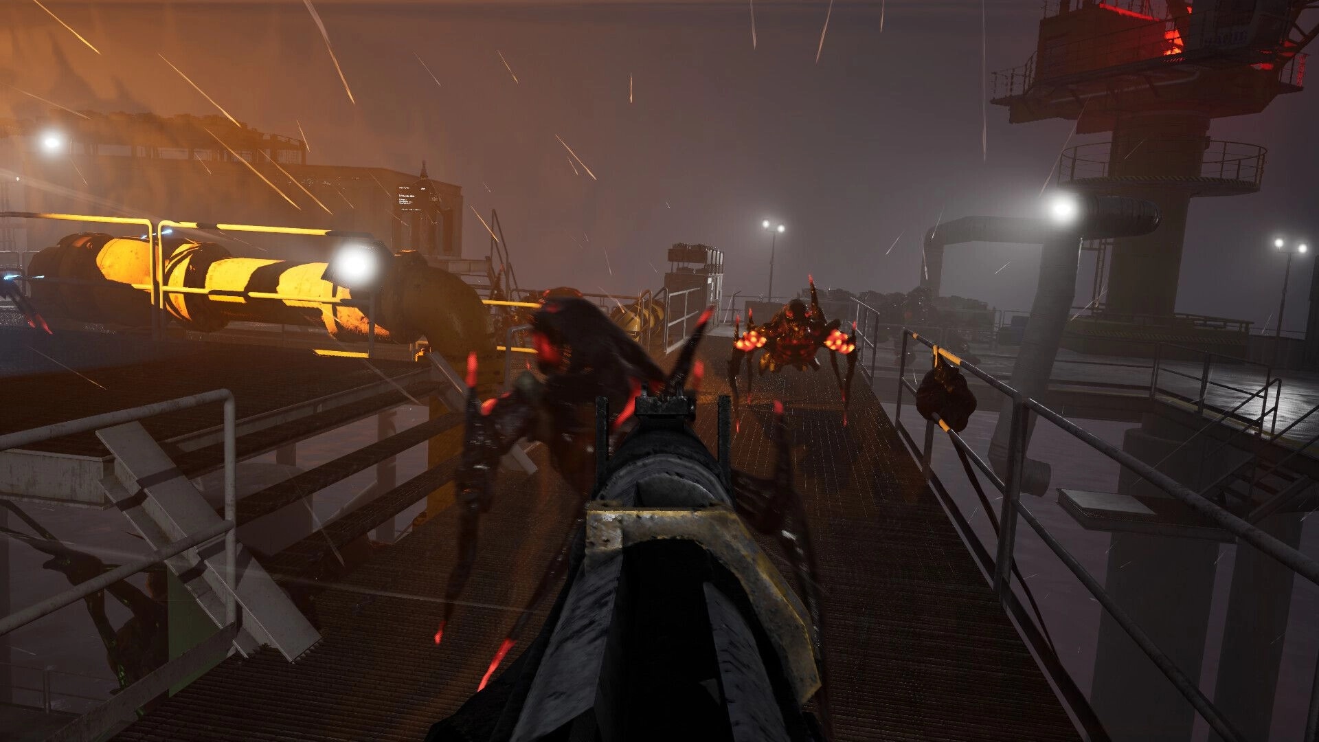 Crude Survivor TD: First-person gunfire against glowing creatures on industrial platform at night.