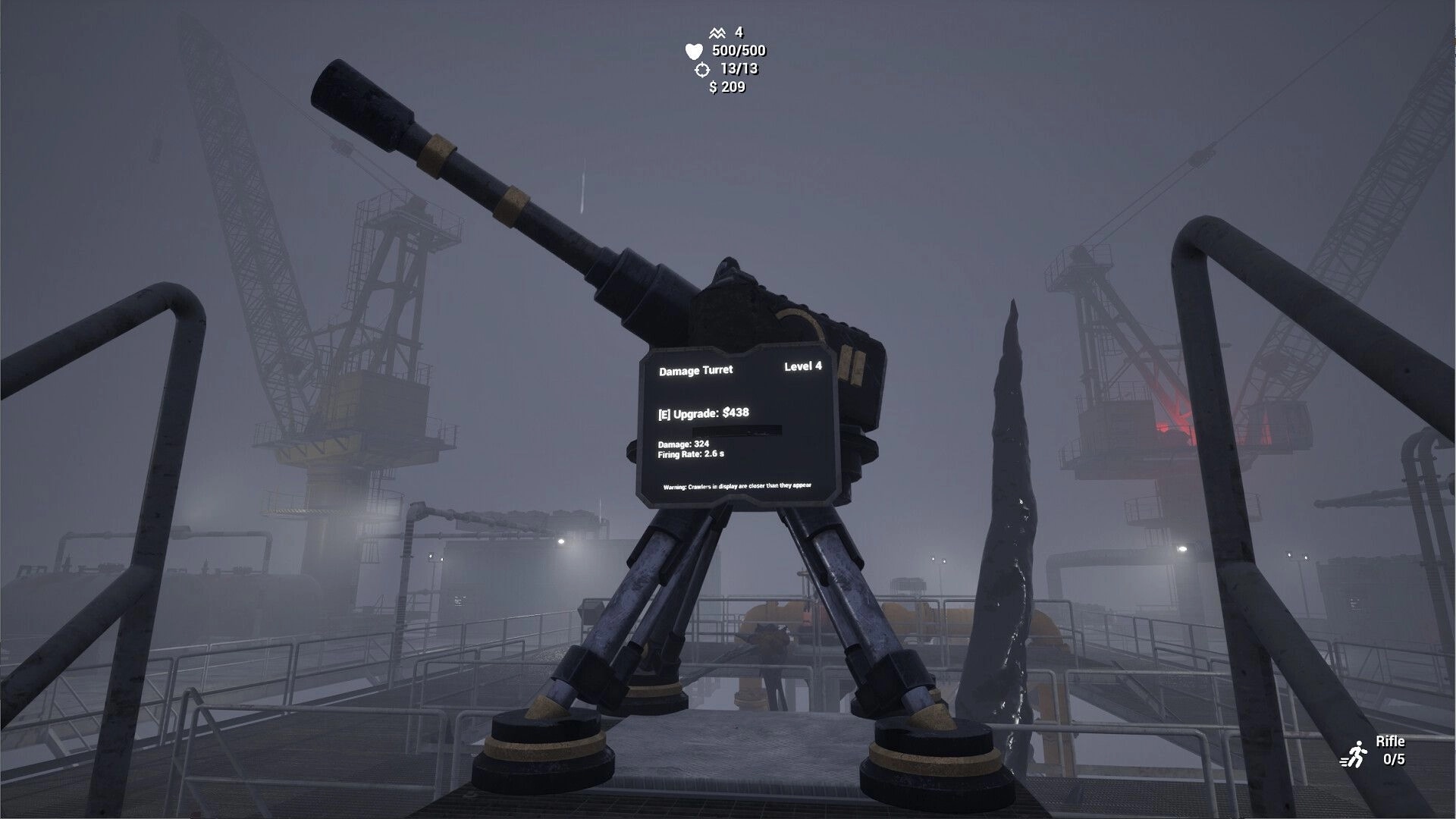 Crude Survivor TD: Upgrading level 4 turret on foggy oil rig with stats and resources displayed