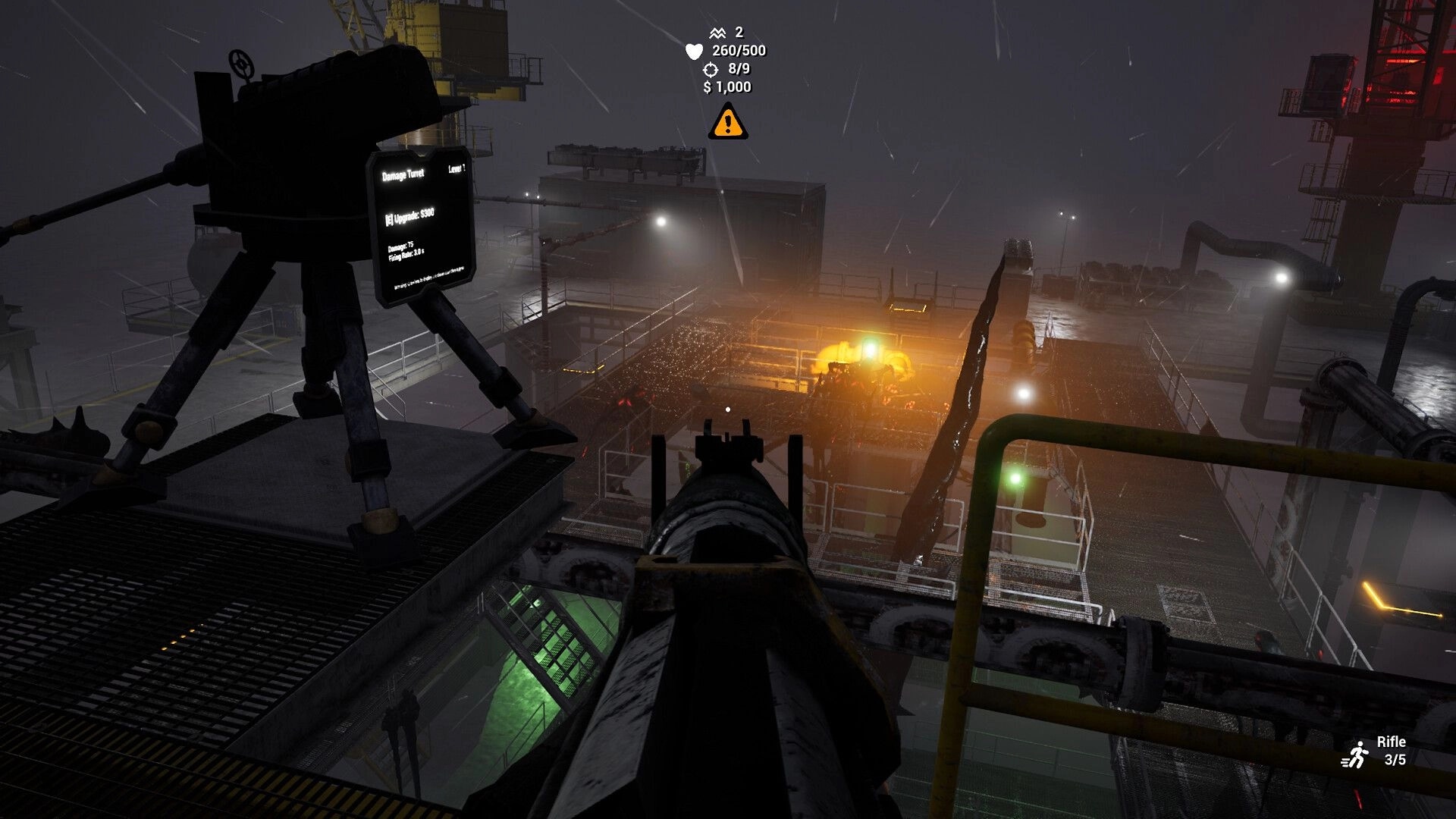 Crude Survivor TD: Player aims rifle from platform while turret menu and stats overlay on industrial site.