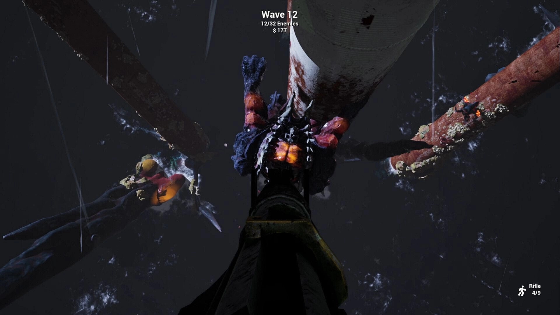 Crude Survivor TD: Top-down view shooting enemy on tower, wave 12 info and rifle ammo displayed.