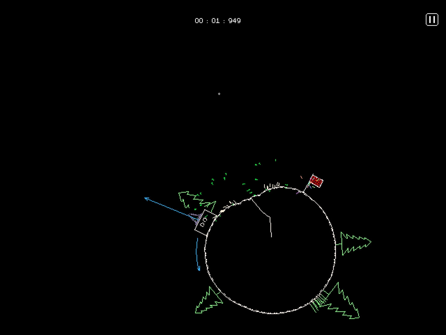 Crunda: Player character leaping from asteroid surface with timer at top, surrounded by green trees