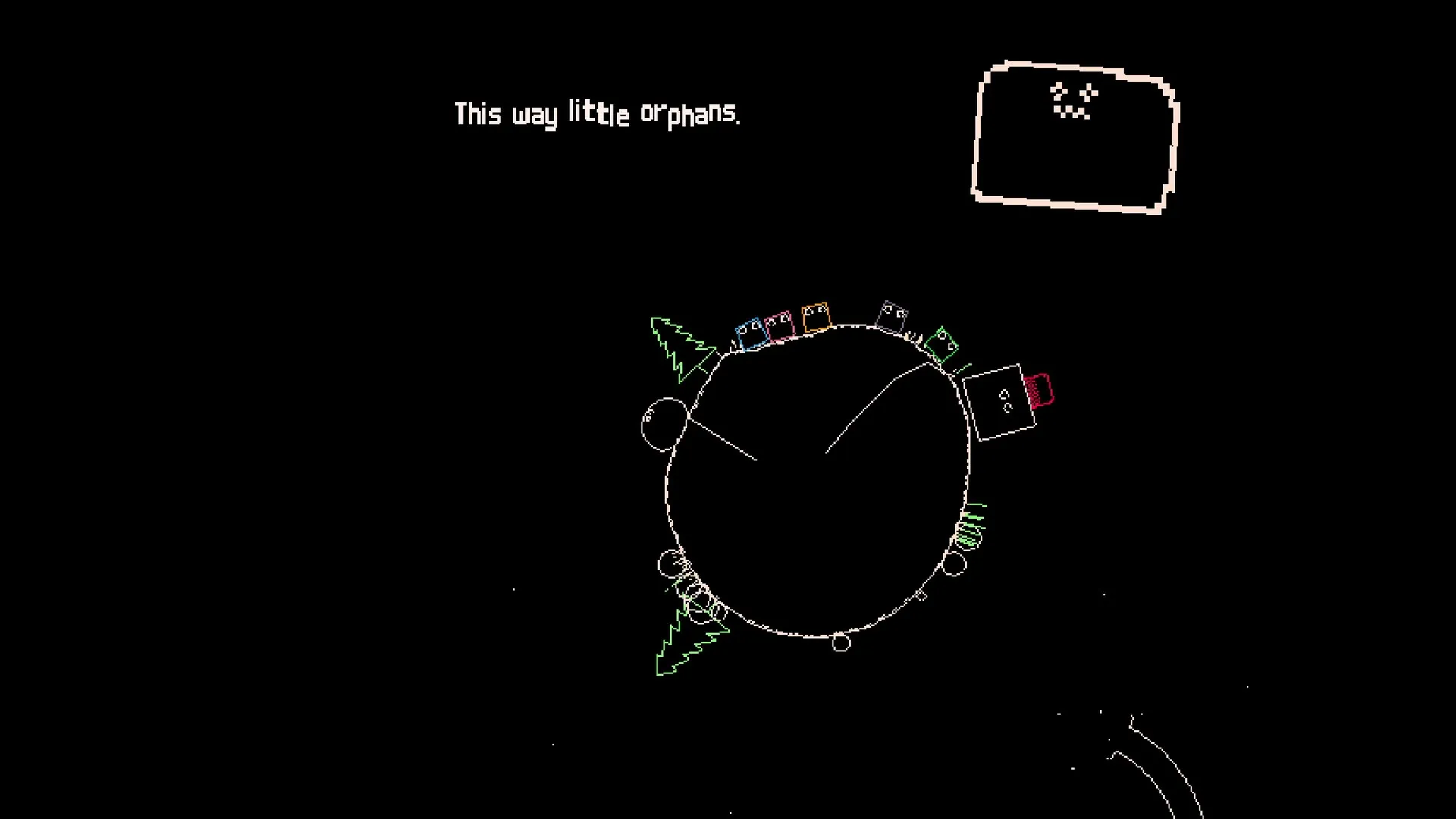 Crunda: Characters walk around a small asteroid with trees and structures, speech bubble says "This way"