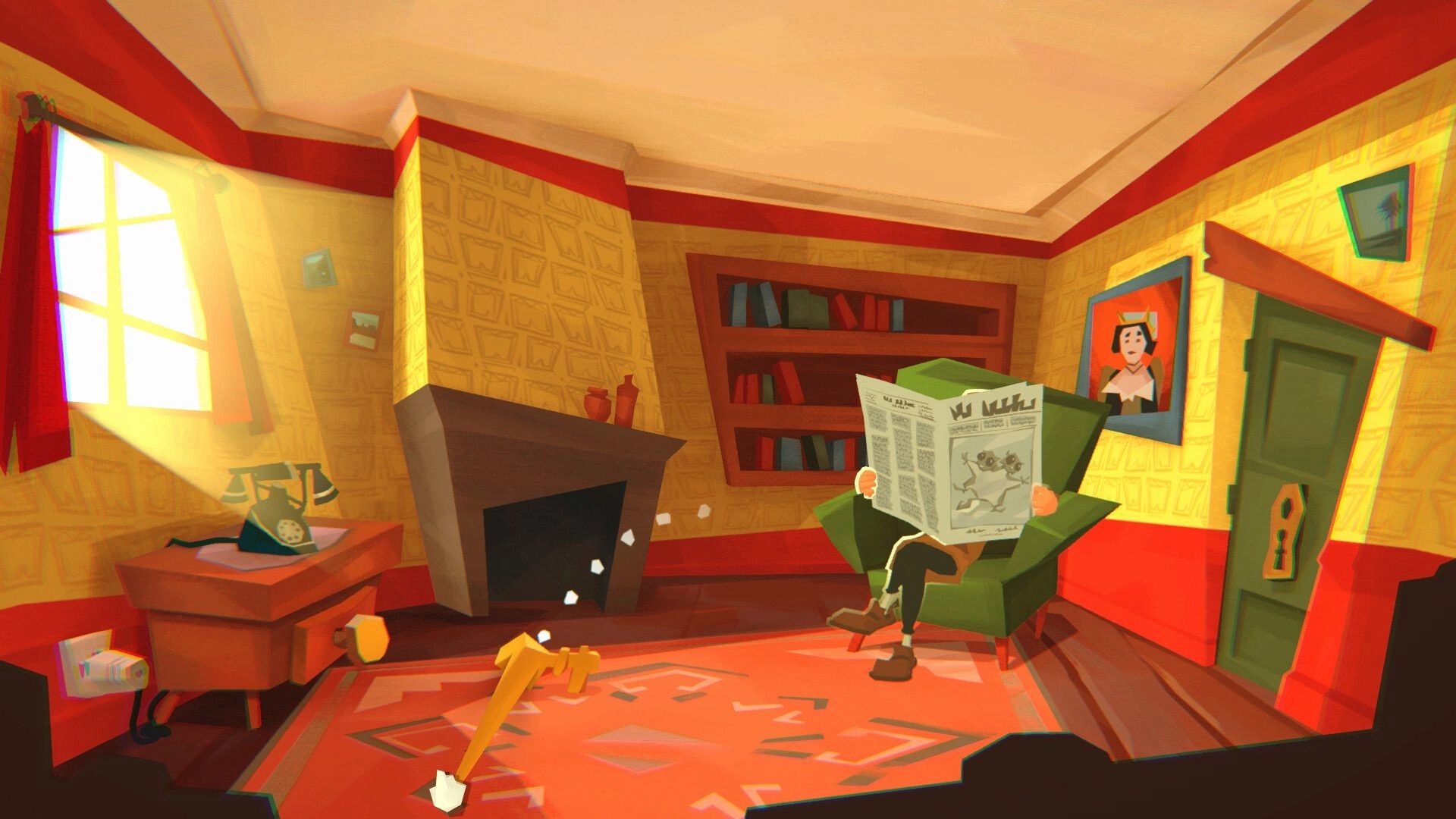 Crushed In Time: Man reads newspaper in green armchair in cozy room with fireplace, phone, door.