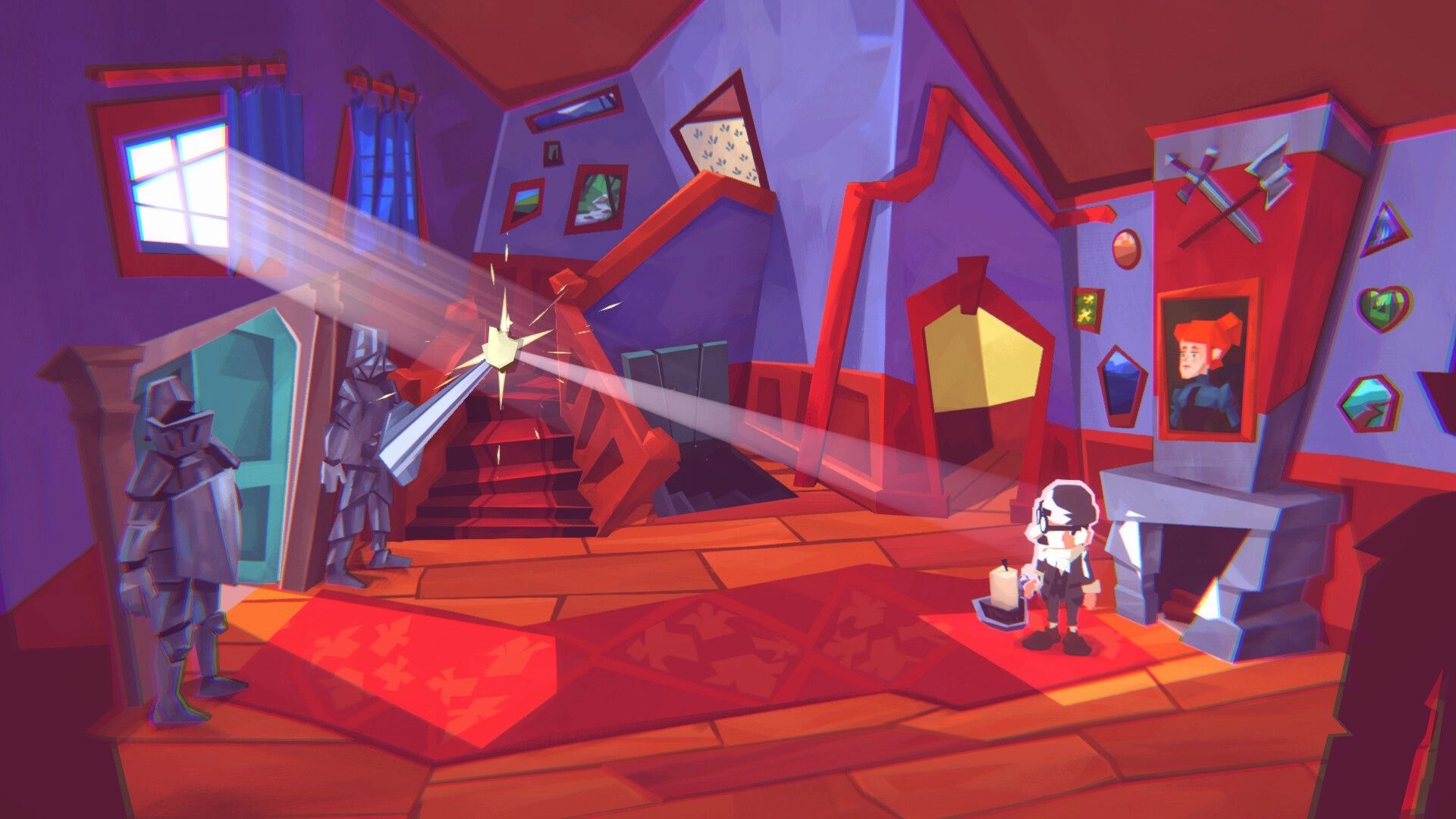 Crushed In Time: Holmes holds candle by fireplace as sunlight hits armor in a warped hallway room.