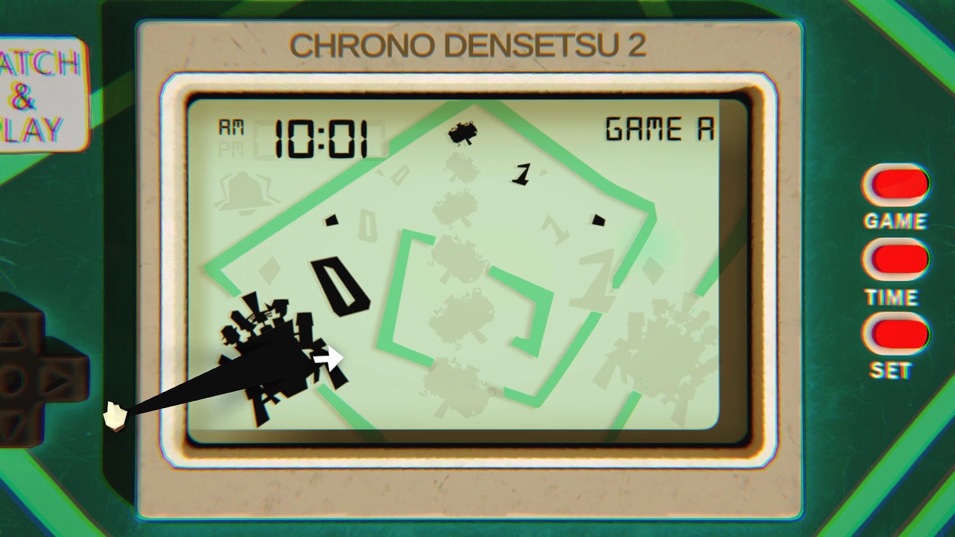 Crushed In Time: Hand cursor points at Chrono Densetsu 2 screen with time 10:01 and buttons.