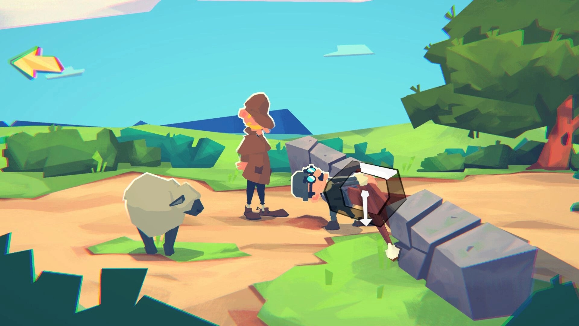 Crushed In Time: Holmes pulls Watson like elastic over stone blocks on a sunny path by sheep and trees.