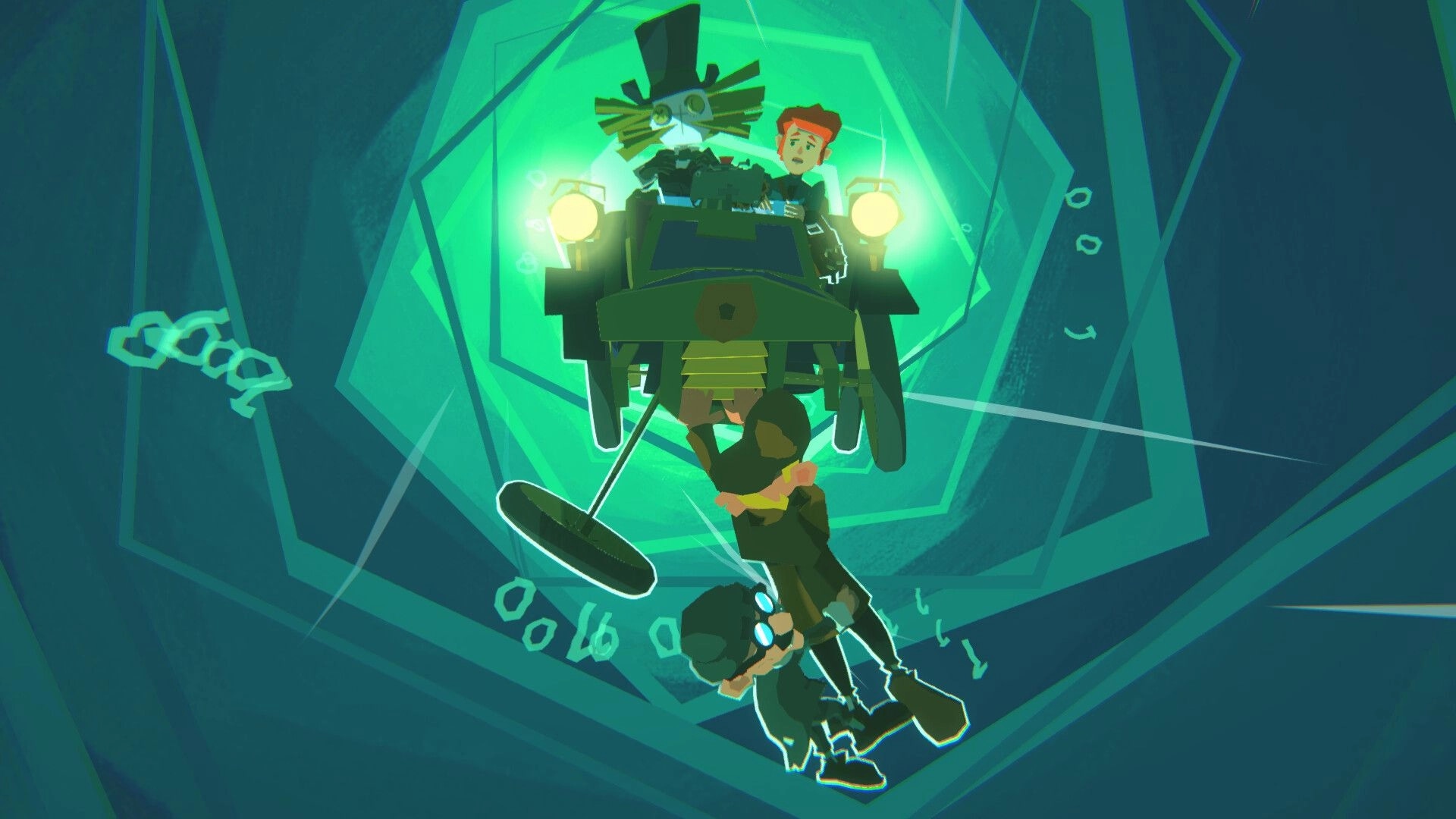 Crushed In Time: Holmes and Watson dangle from a rope under a car inside a glowing green time tunnel.
