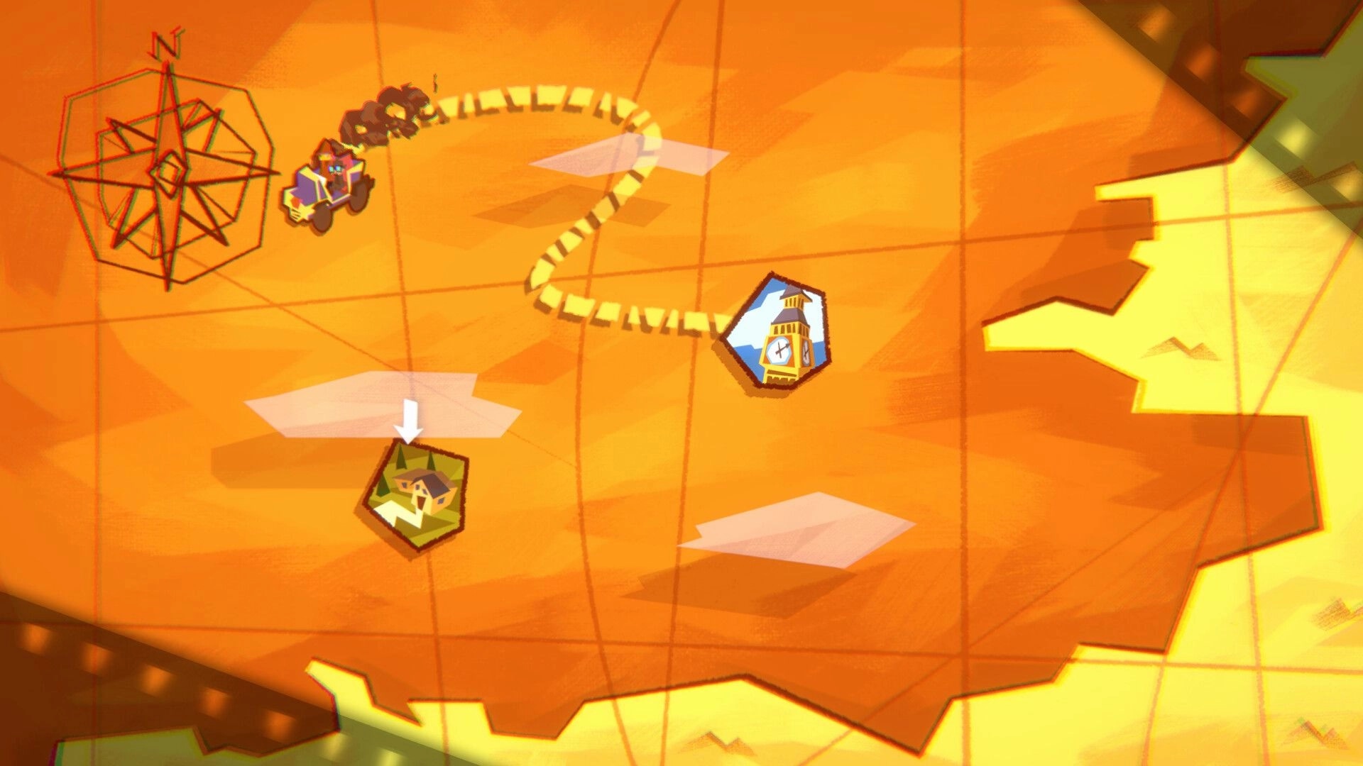 Crushed In Time: Cartoon map route with car token and location icons on orange grid world map.