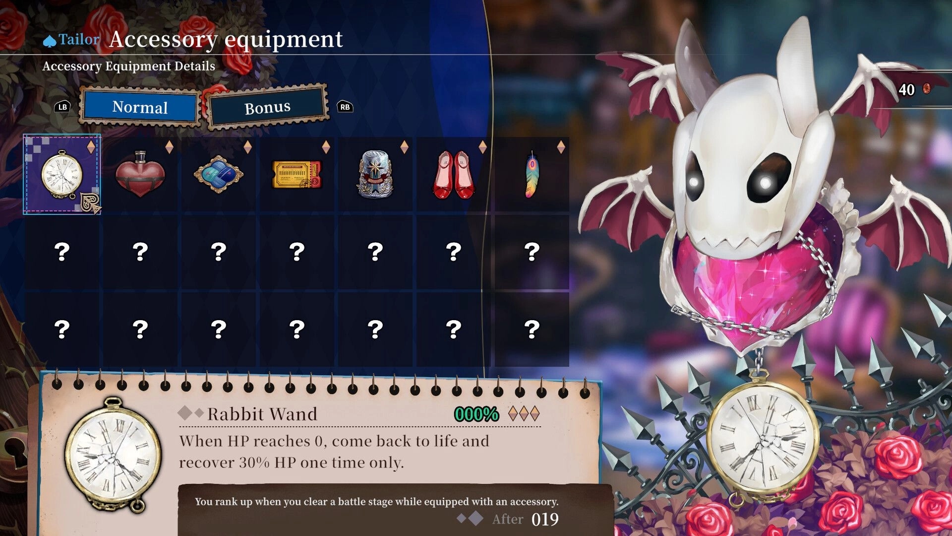 CRYMELIGHT: Accessory equipment menu highlights Rabbit Wand with revive effect, heart charm previewed.