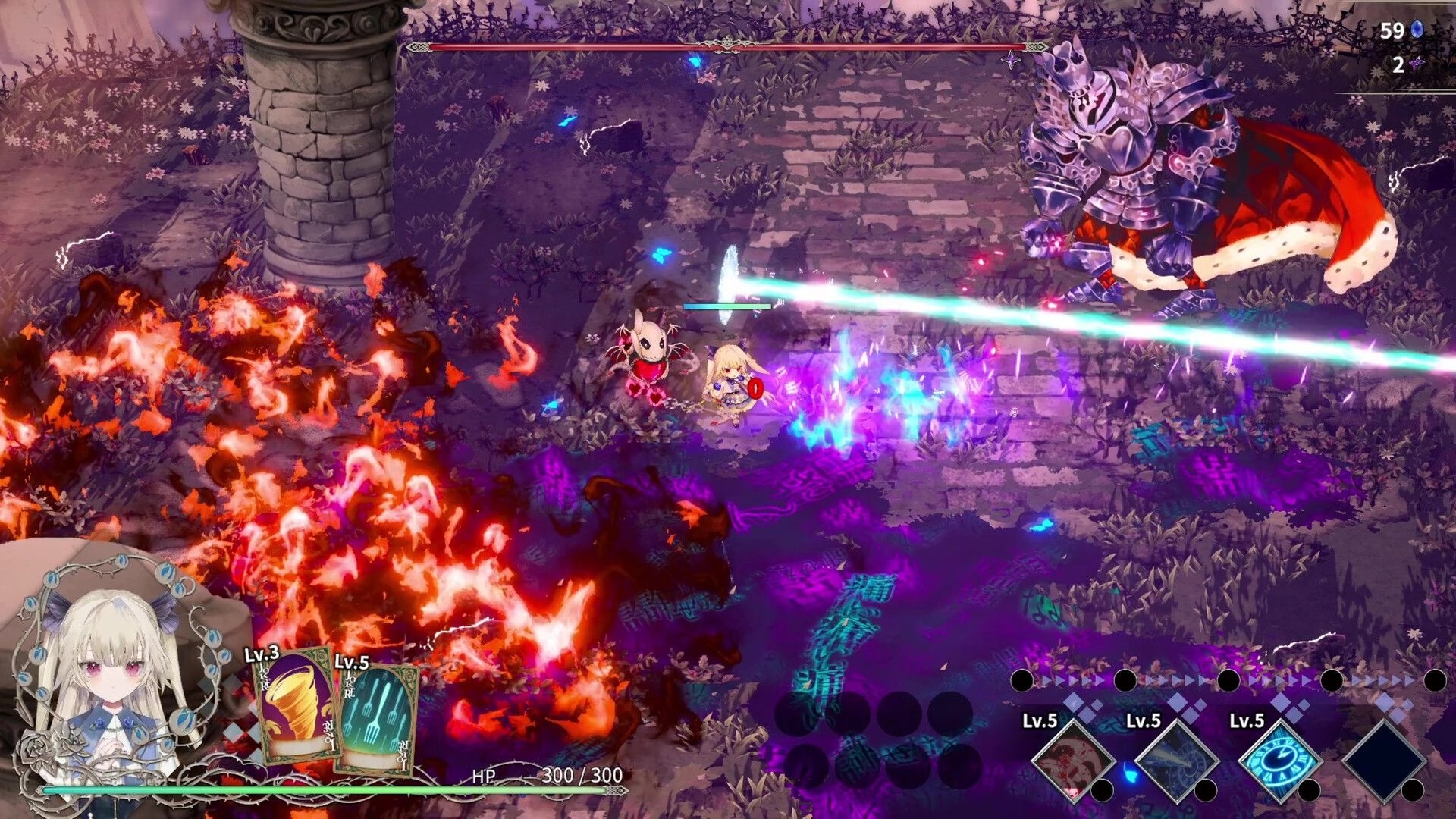 CRYMELIGHT: Girl dodges armored knight boss and beam attack on ruined stone path with skill UI bar.