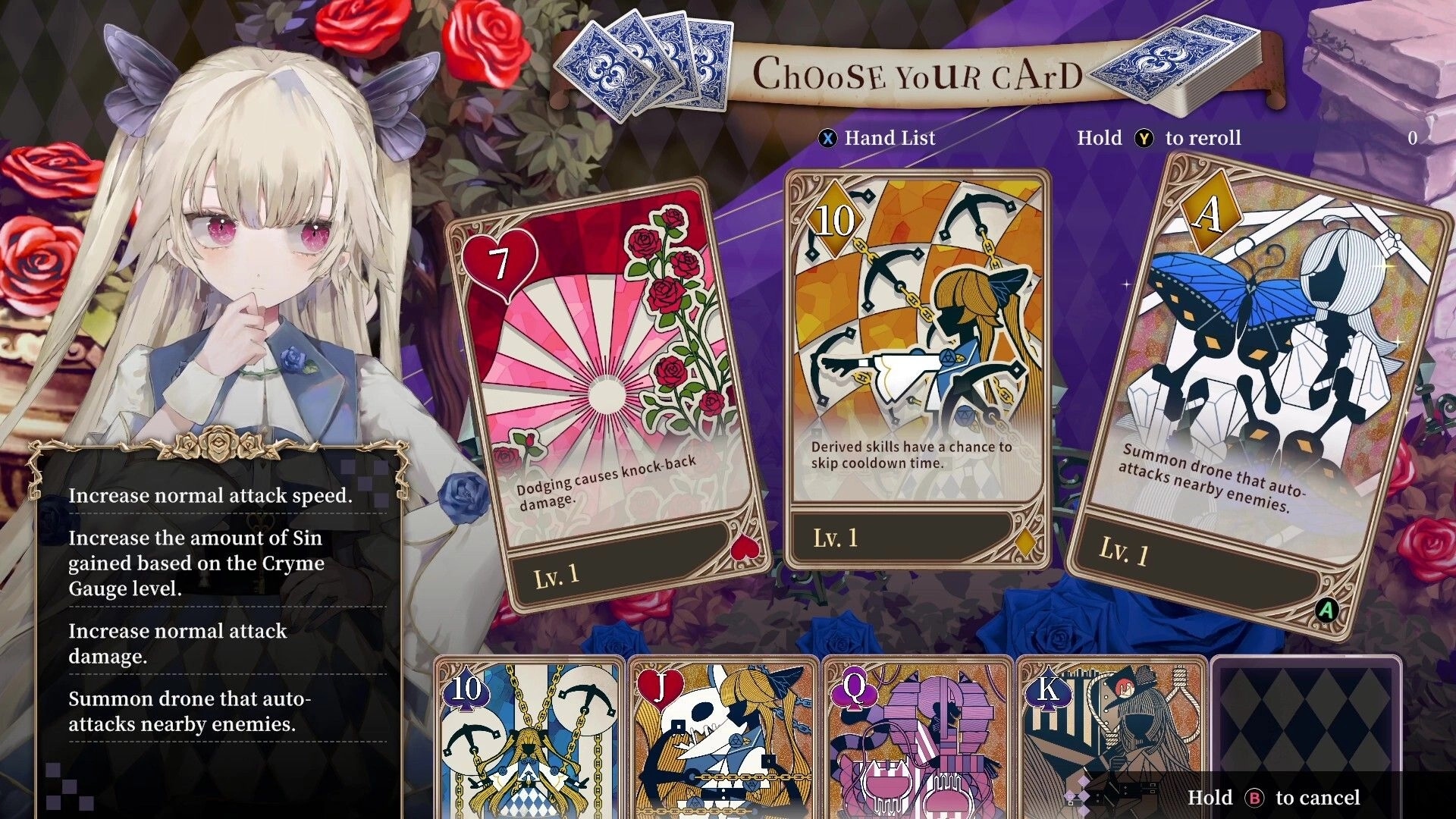 CRYMELIGHT: Choose Your Card menu with anime girl portrait and three upgrade cards over roses backdrop.