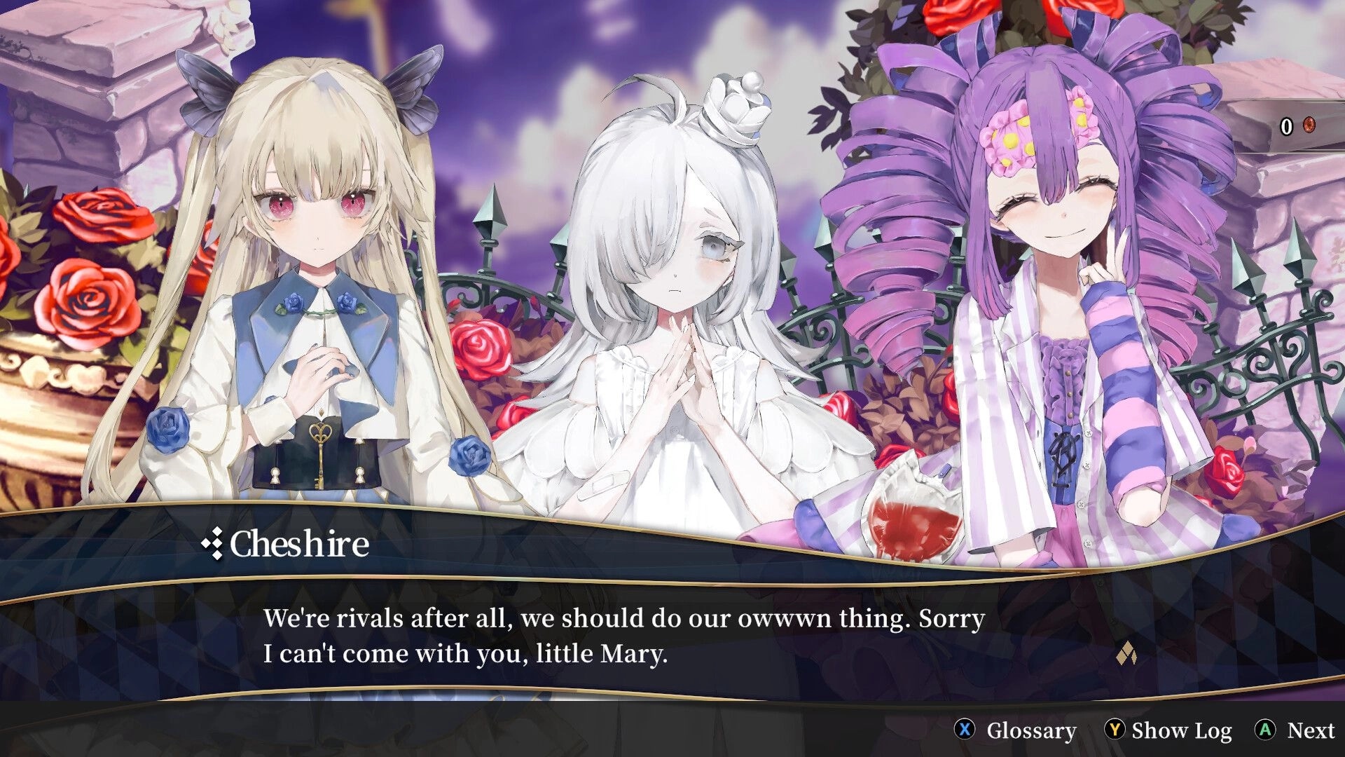 CRYMELIGHT: Dialogue scene with Cheshire and two girls by rose garden fence, text box and prompts.