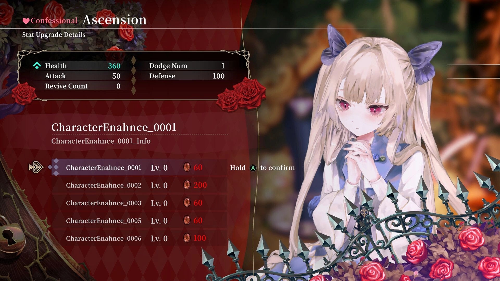 CRYMELIGHT: Confessional Ascension stat upgrade menu with health and defense list beside anime girl.